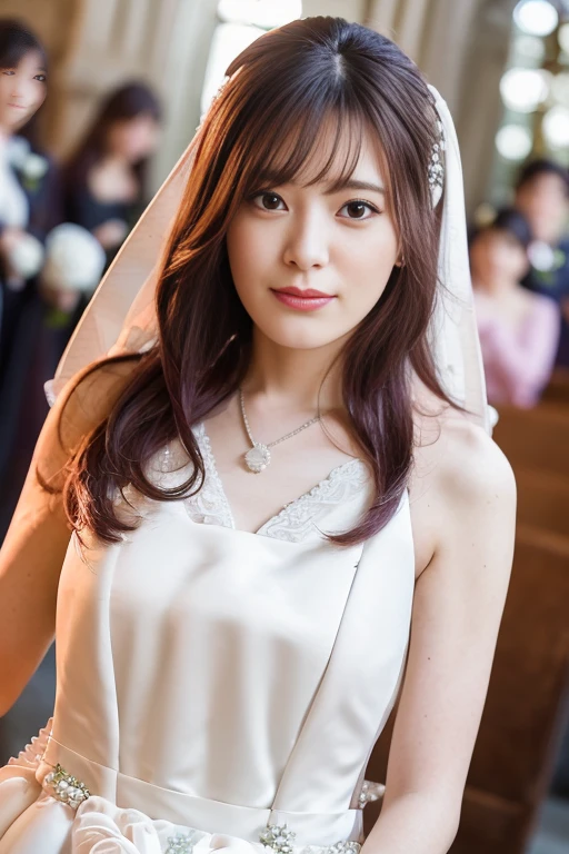 1girl, (solo:2.0),(wedding dress:1.8),(RAW photo, best quality), (realistic, photo-realistic:1.4), masterpiece, an extremely delicate and beautiful, extremely detailed, 2k wallpaper, Amazing, finely detail, extremely detailed CG unity 8k wallpaper, ultra-detailed, highres, (blurry,bokeh backgound:1.6), beautiful detailed girl, extremely detailed eyes and face, beautiful detailed nose, beautiful detailed eyes,(soft light:1.8),(in the church:1.8),perfect anatomy,(slender body:1.6),(close up, face focus:2.2),(Friendly, warm:2.0),(looking front:2.0),(japanese idol:1.8),(brown eyes:1.8),(brown long hair:2.0),(standing and posing:1.8),(hands on chest:2.0),<lora:tanakachiemi_lora-12:0.8>