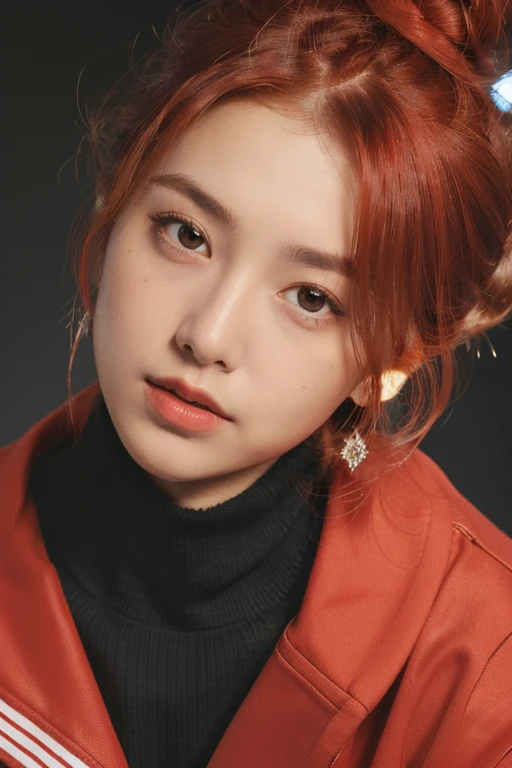 (masterpiece:1.35),(bestquality:1.4),8k,ultra-detailed,photography,(ultra-realistic:1.4),film grain,Fujifilm XT3,1girl,aisan slim female,solo,eyeliner,eyelashes,eyeshadow,lips,random_color_lipstick,random_color_nail_polish,stylish_chlothing,(Oral,Followspot lighting,Head Tilt,high-angle view:1.45),(Fire engine red Hair,half updo,hair bun,swept bangs:1.37),