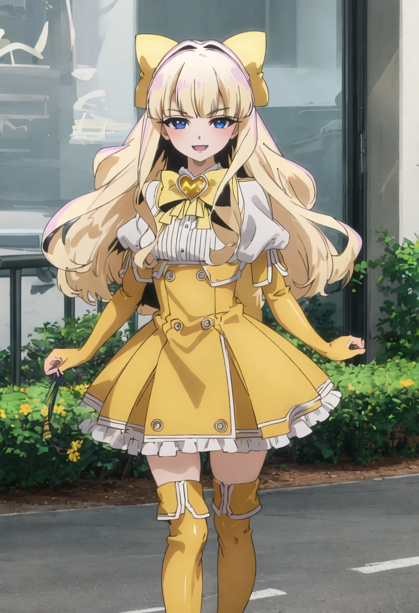 best quality, masterpiece, highres, solo, {kaoruko_tenkawa_mahoushoujoniakogarete:0.90}, 1girl, thighhighs, smile, thigh_boots, yellow_dress