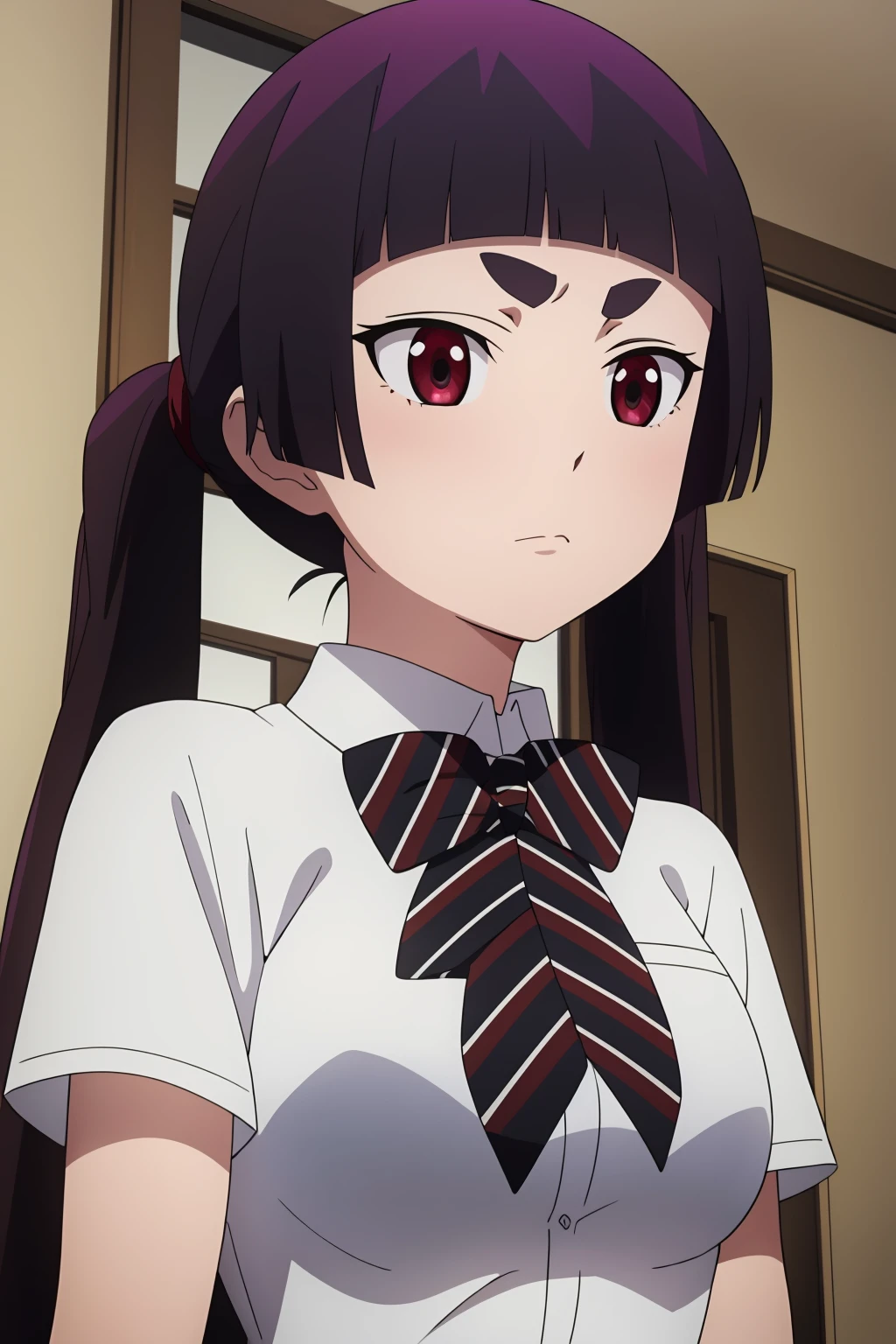 ((best quality)),((highly detailed)),masterpiece,absurdres,detailed face,beautiful face,(detailed eyes, deep eyes),1girl,((dynamic pose)) , <lora:KamikiV1-000009:0.7>, Kamiki, red eyes, purple hair, solo, twintails, school uniform, long hair, necktie, striped, upper body, breasts, thick eyebrows, blunt bangs, shirt, frown, bangs, medium breasts, bow, short eyebrows, short sleeves, dress shirt, white shirt, striped necktie, bowtie, indoors, closed mouth