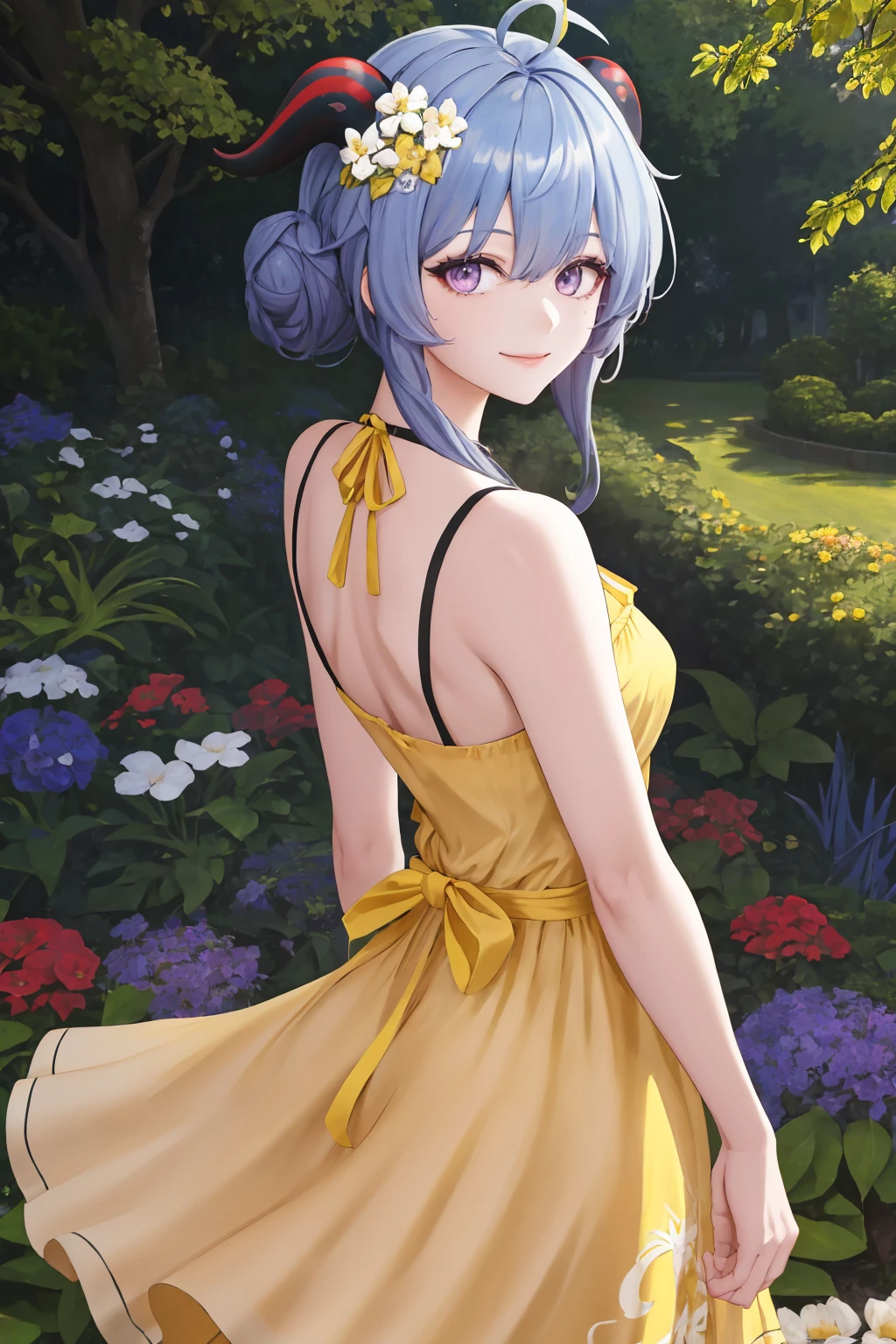 masterpiece, Highest quality, One girl, alone, Ganyutub, horn, Ahoge, hair ornaments, Hair Flowers, Neck bell, (yellow sundress:1.4), Purple eyes, From behind, Recall, View your viewers, smile, garden, Speckled sunlight, Hair Bun