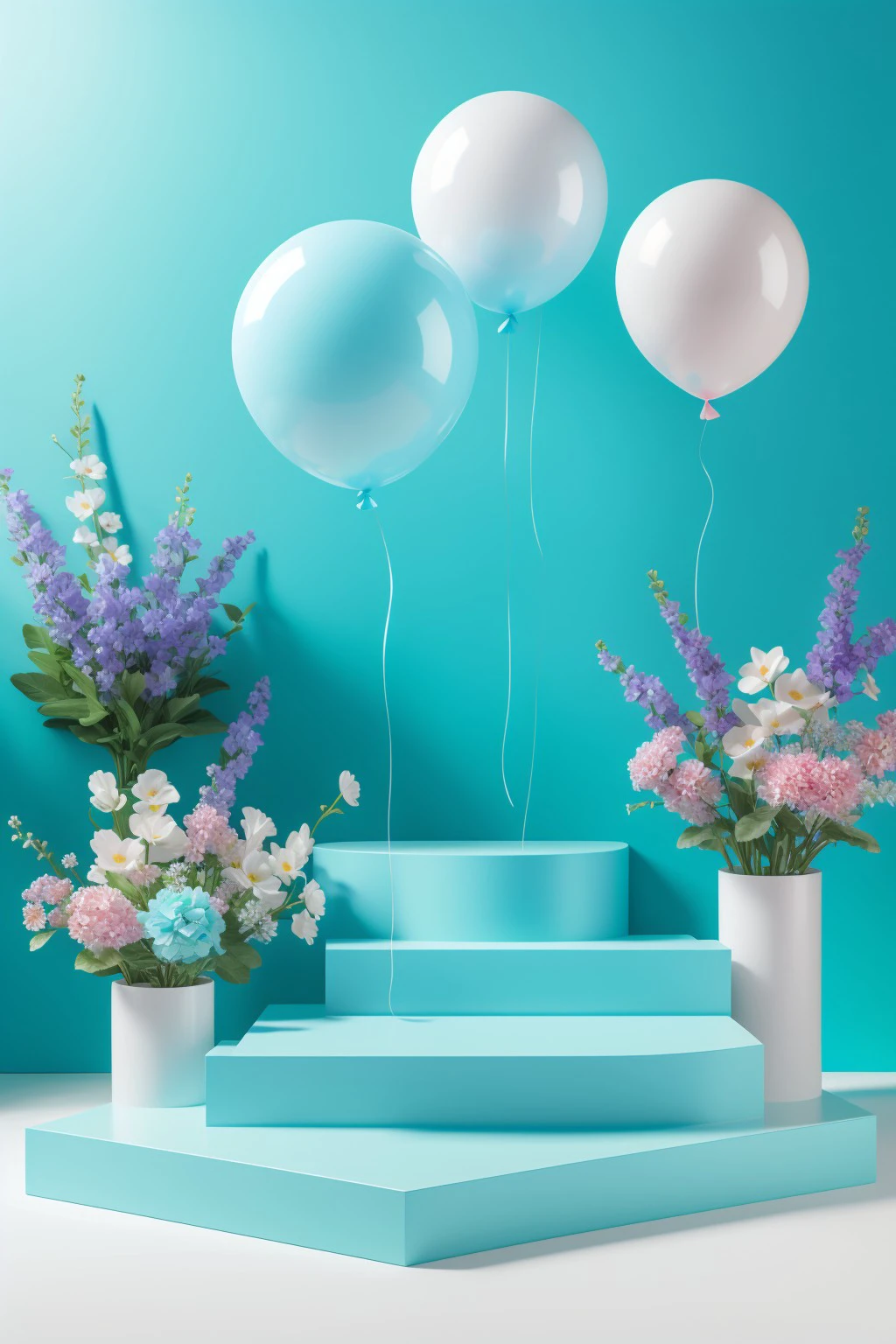 masterpiece, high quality,  Square product stand, blue and turquoise theme, flowers and balloon, J_showcase , <lora:aki:0.8>
