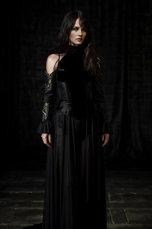 <lora:RT:1> 1girl, solo, realistic, r1873t, fcNeg, A digital painting of a mysterious and alluring woman with long hair, dressed in a sleek and stylish black outfit that blends elements of fantasy and fashion. Her clothing is a mix of flowing fabrics and intricate armor, with a design that suggests both elegance and functionality. The background is a moody and atmospheric setting, with dark and brooding colors that enhance the sense of mystery and danger. The overall design of the painting is inspired by the aesthetic of dark fantasy role-playing games, with a focus on the character's style and individuality within the context of a fantastical world. The final piece is a stunning and evocative portrait of a woman who exudes confidence, mystery, and a touch of danger, set against a backdrop of dark fantasy and adventure.