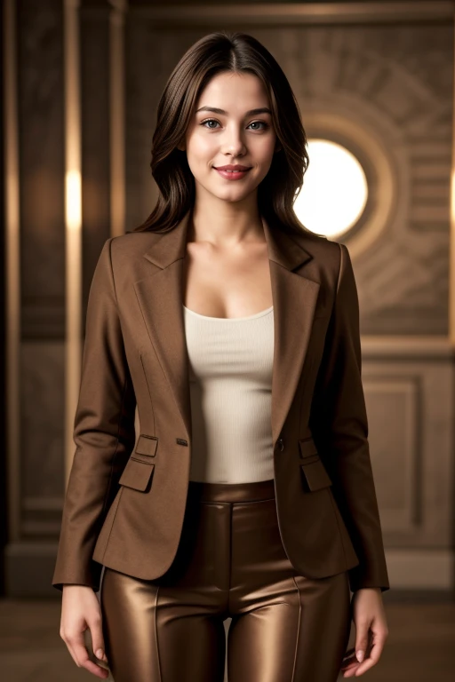 ((Masterpiece, best quality, cinematic lighting, 8k, full body shot, long hair, hour glass body)), (smile:0.85), (realistic background:1.2)
<lora:RR_Office_Dress_By_Stable_Yogi:1> brown jacket, pants, high heels