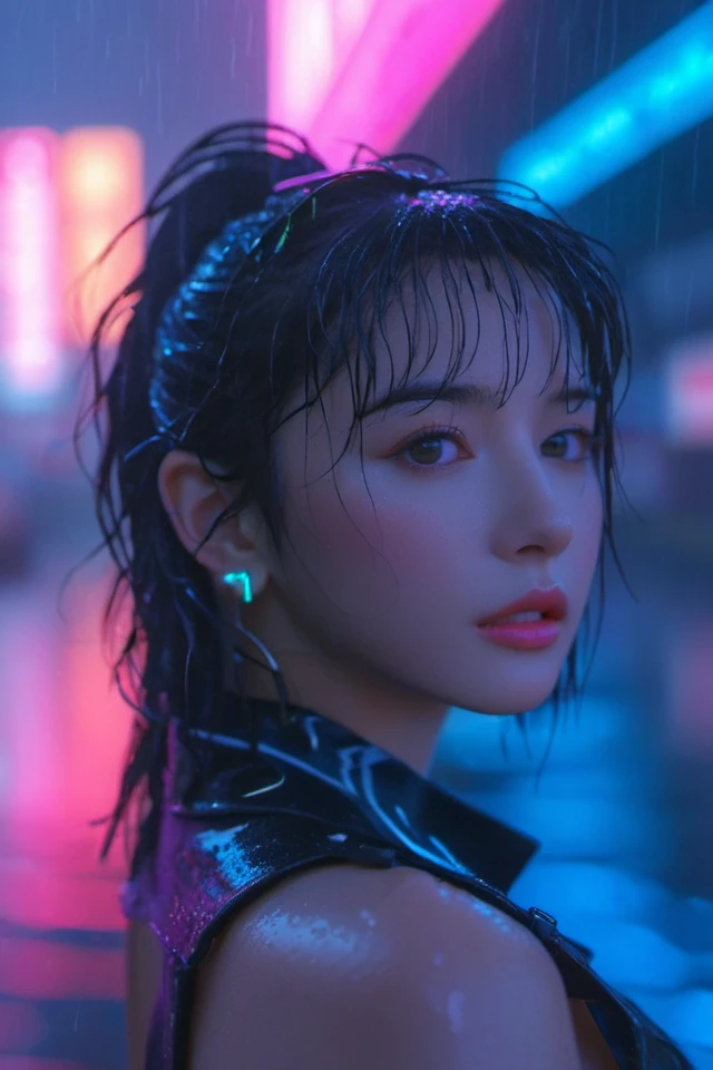 (Cyberpunk:1.4),1girl,solo,rain,looking at viewer,blurry,black hair,long hair,blurry background,upper body,neon lights,lips,depth of field,earrings,bangs,wet,nose,from side,jewelry,tank top,realistic,outdoors,looking to the side,closed mouth,bare shoulders,wet hair,ponytail,
<lora:cybepunk:0.8>,