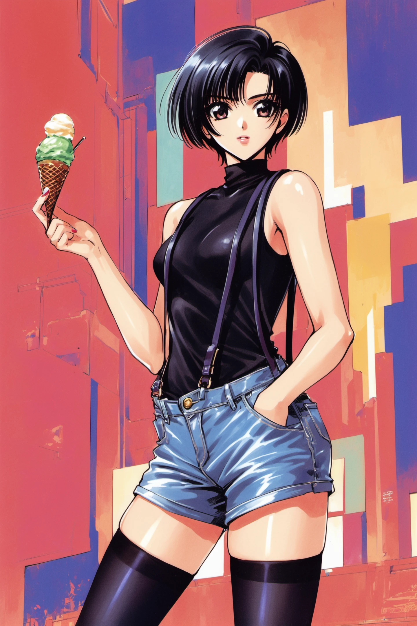 X,1girl, Yuzuriha Nekoi,solo, thighhighs, shorts, food, short hair, 1990s (style), black hair, ice cream, sleeveless, retro artstyle, black thighhighs, suspenders, hand in pocket, turtleneck, <lora:X_XL:0.8>