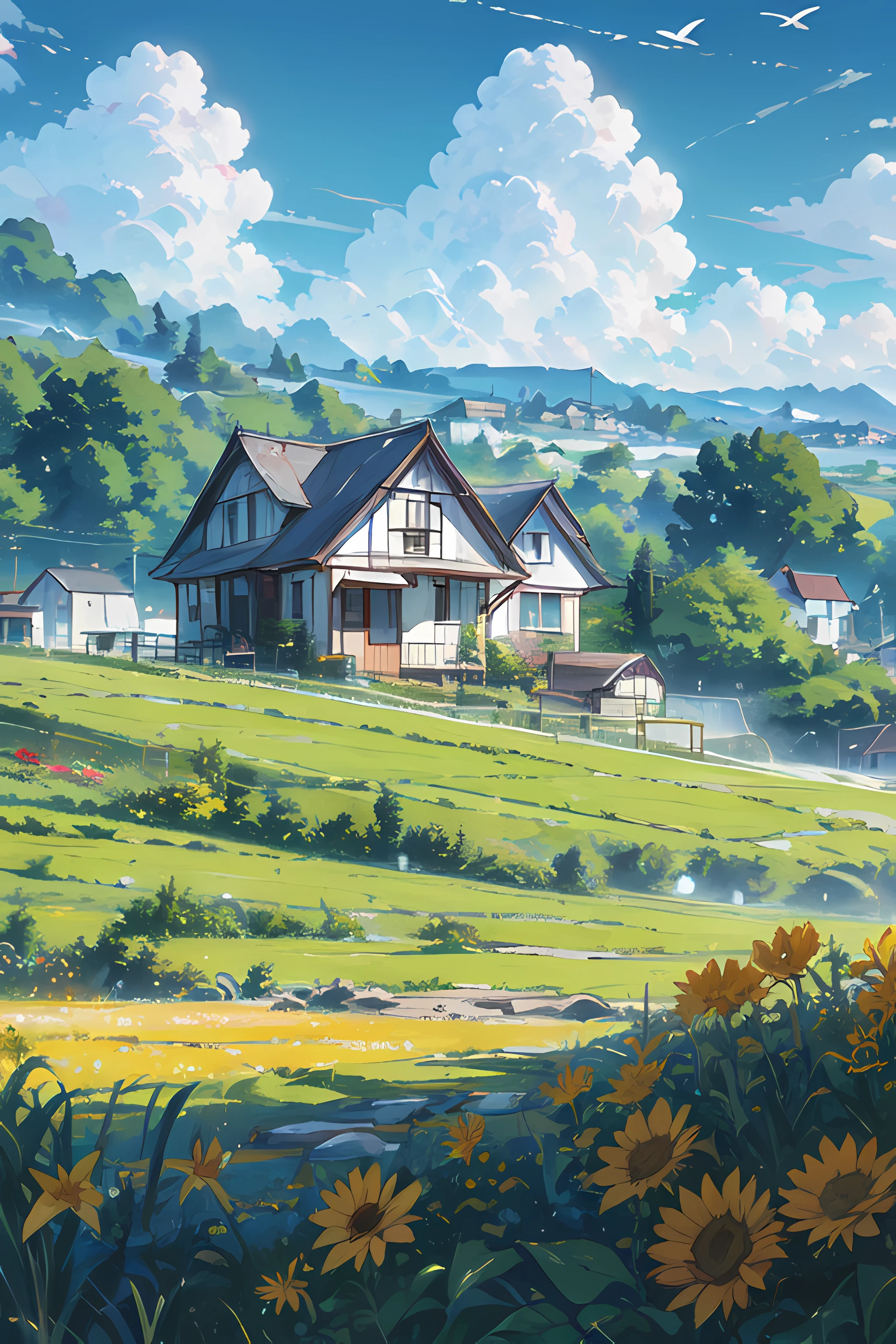 A serene and picturesque rural landscape with a quaint house surrounded by lush greenery, blooming flowers, and golden fields of grain. The sky is clear with fluffy white clouds and birds flying freely. In the distance, more houses are nestled among rolling hills, 4K, detailed.
DreamLensSTL
