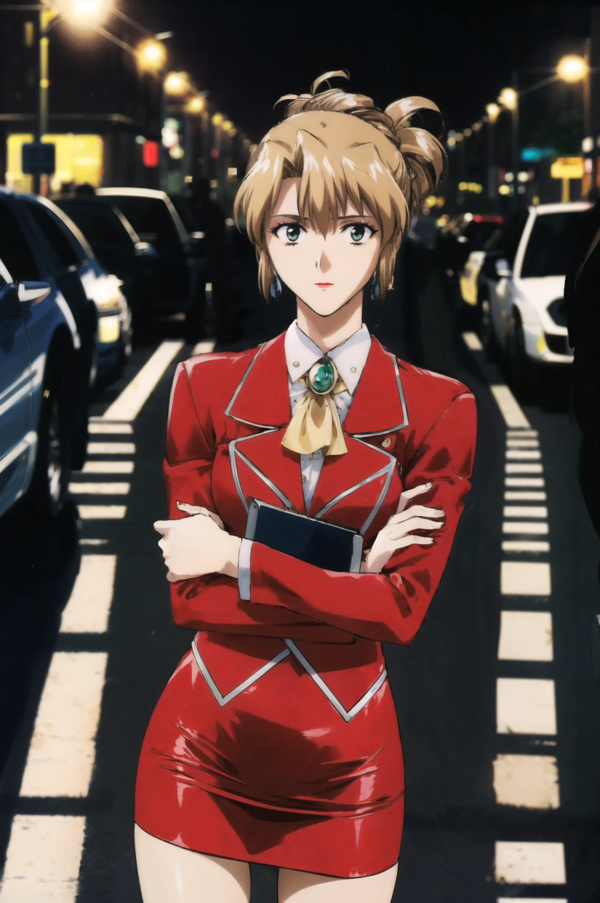 masterpiece, best quality, 1girl, looking at viewer, ultra detailed, <lora:add_detail:0.5>, cowboy shot, <lora:aika_FW:1> , folded ponytail, long sleeves, red jacket, white shirt, earrings, ascot, brooch, red jacket, red pencil skirt, red lips, (city lights:1.2), (on the street:1.2), (night:1.3), traffic light,