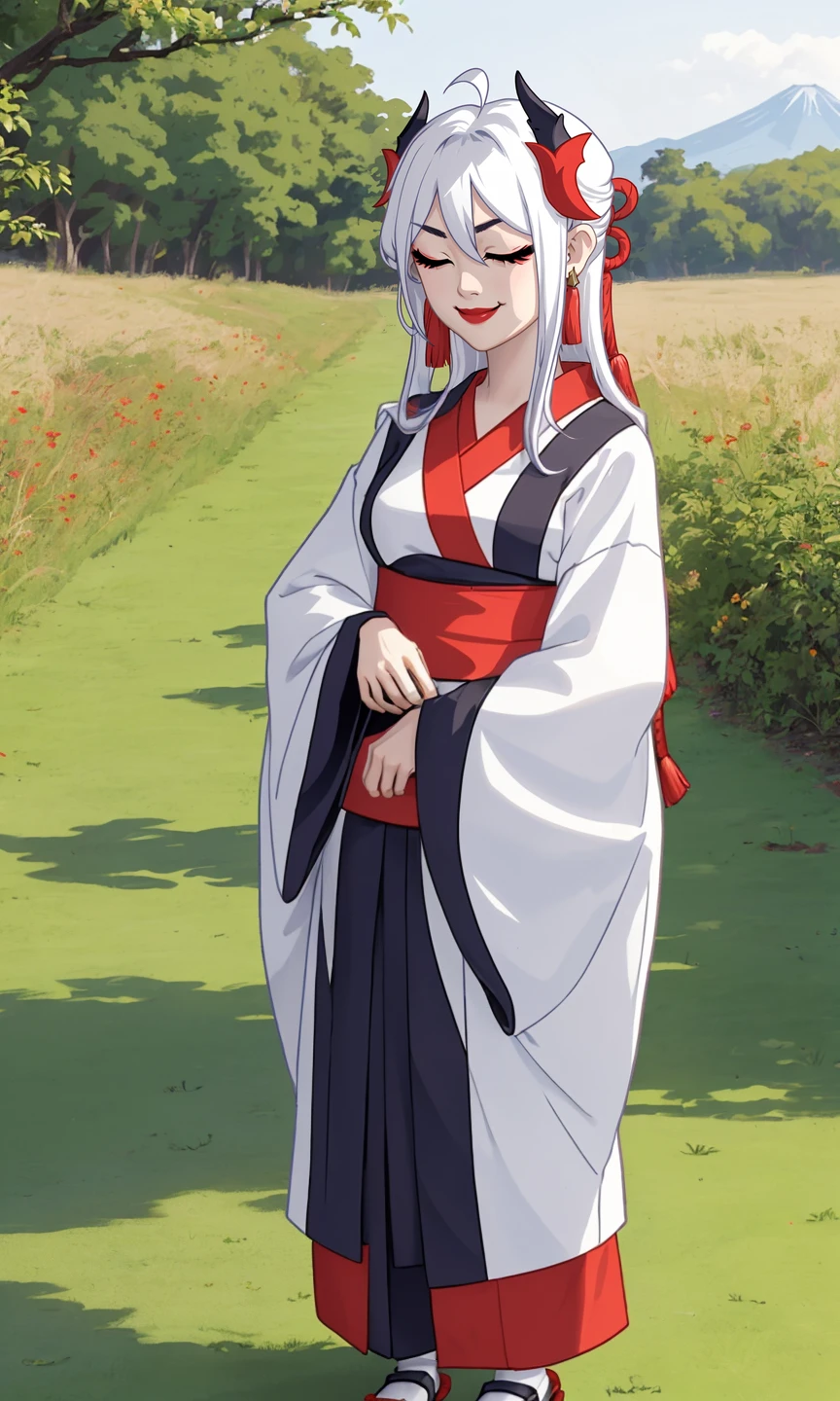 standing on a path, location field with low grass, cute smile,<lora:Tsuru_(Darmchirk):0.7> ((Tsuru_(Darmchirk), hair ornament, closed eyes, jewelry, ahoge, multicolored hair, horns, japanese clothes)),