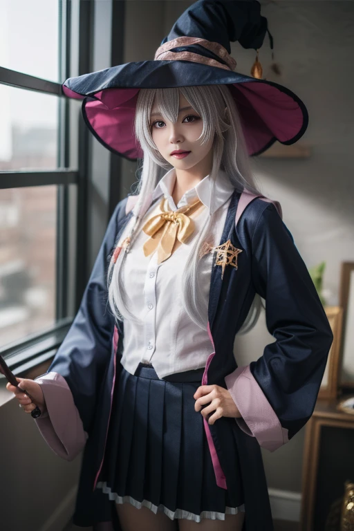 ltra-detailed,highly detailed,best quality,masterpiece,illustration,realistic,photorealistic,
elaina, witch, wizard, elaina \(majo no tabitabi\), cosplay, 1girl, solo,
open robe, collared shirt, long sleeves, wide sleeves, pleated skirt, witch hat, bowtie, frilled skirt,
jewelry, badge,
long hair, bangs, hair between eyes, grey hair, hair ribbon, hair bow,
looking at viewer, cowboy shot, standing,
indoors, window, day,
<lora:elaina_v1_06:0.8>