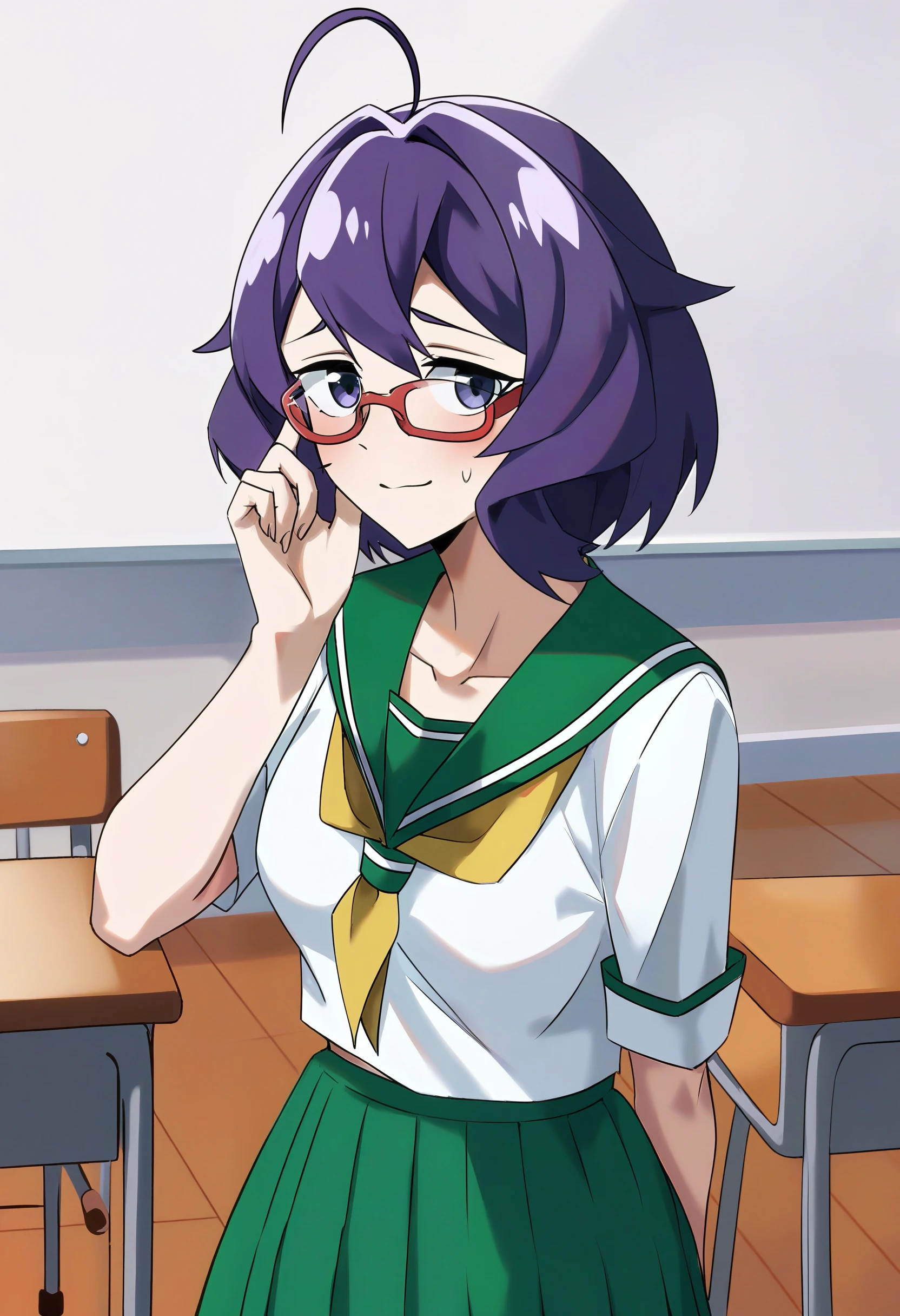 score_9, hiiragi_utena, 1girl, solo, school uniform, ahoge, medium breasts, classroom, black thighhighs, green sailor collar, short hair, serafuku, pleated skirt, green skirt, purple hair, white shirt, standing, upper body, red-framed_eyewear, adjusting_eyewear <lora:Hiiragi_Utena-school_uniform-XL-pony:0.7>