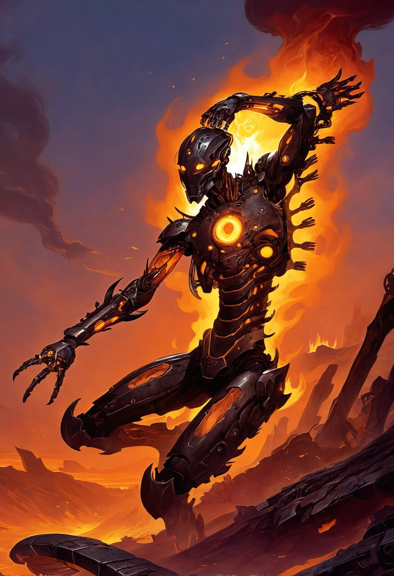 dark fantasy art deep within an industrial wasteland, a cyborg with circuits glowing like molten lava stalks through the shadows. his mechanical limbs are crafted with precision, merging flesh and steel into a perfect predator. above him, the sky is choked with smoke, casting the world into a perpetual dusk.