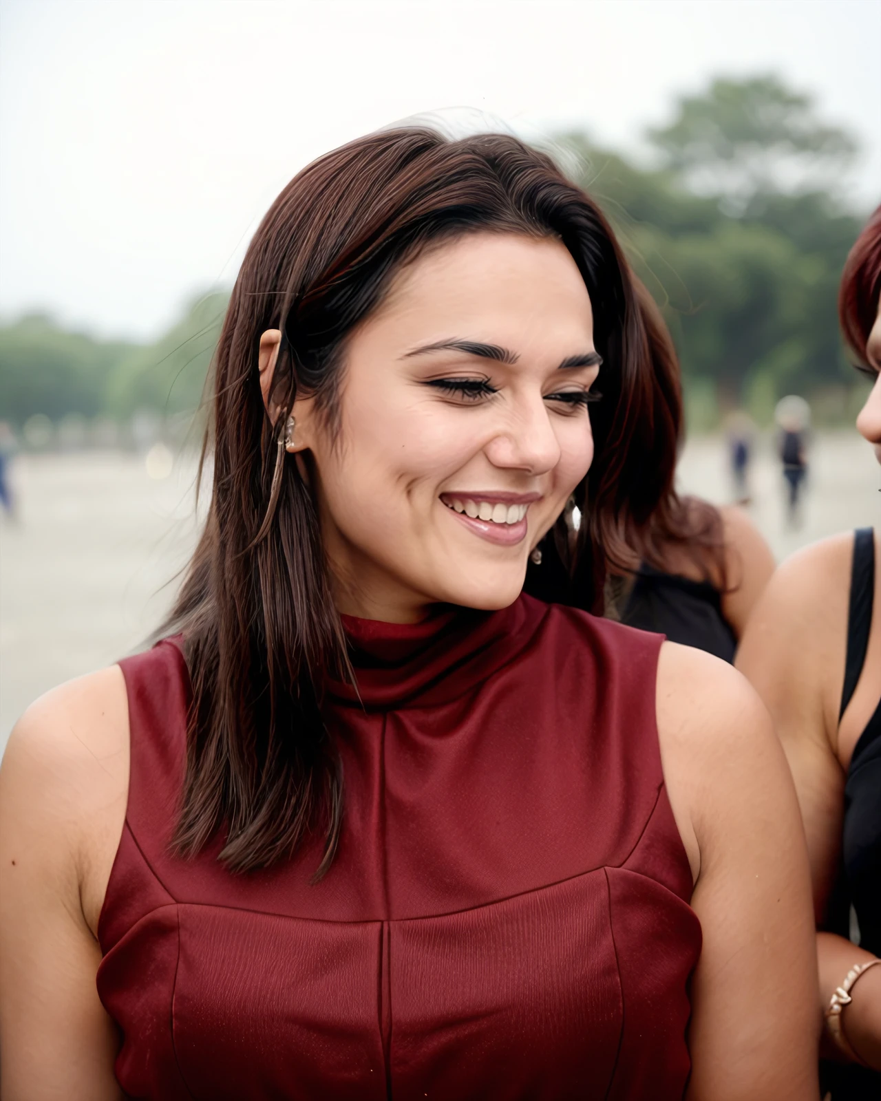 photo of a prty woman wearing elegant intricate sleeveless turtleneck, in a dynamic pose, laughing, looking at camera, ruins background <lora:prty_Preity_Zinta_SD15_LoRA_prodigy_local_regs:1>