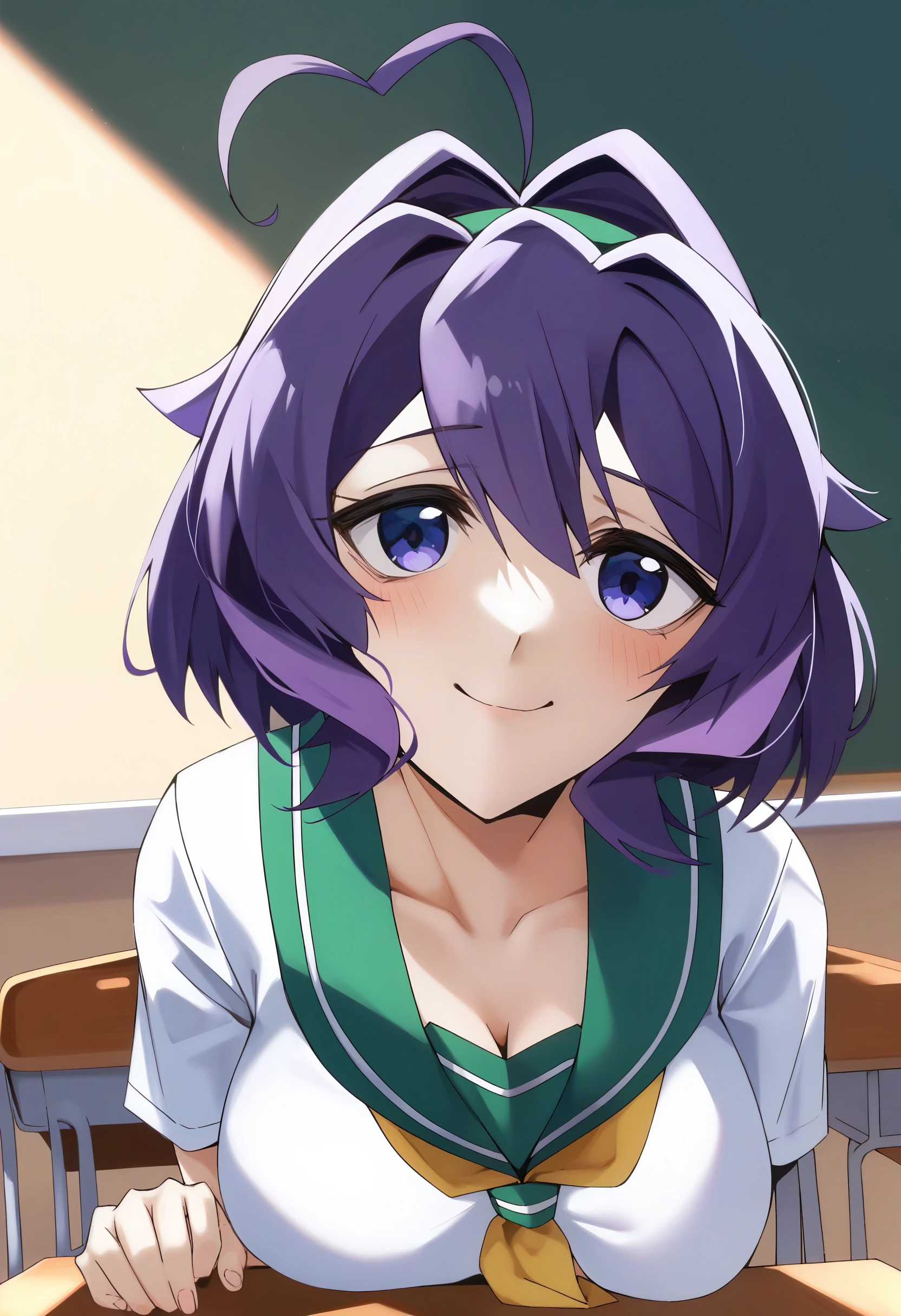 score_9, hiiragi_utena, 1girl, solo, smile, looking at viewer, school uniform, ahoge, medium breasts, classroom, black thighhighs, green sailor collar, short hair, serafuku, pleated skirt, green skirt, purple hair, white shirt, upper body, close-up <lora:Hiiragi_Utena-school_uniform-XL-pony:0.8>