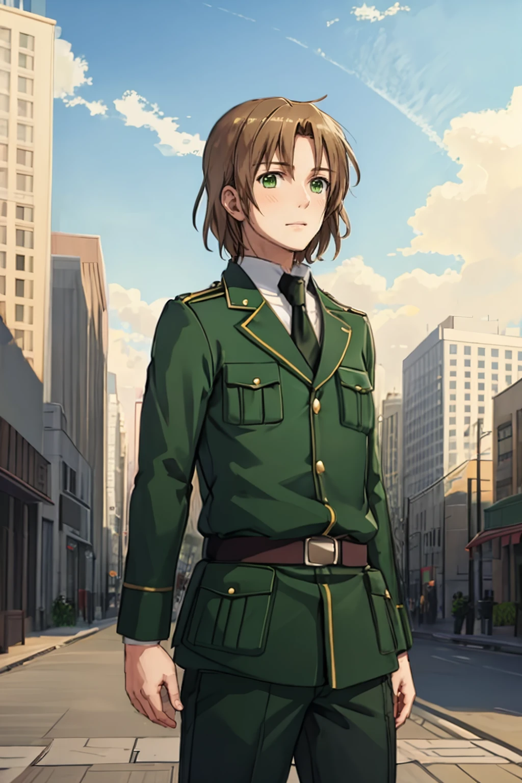 <lora:NSLithuaniaHetalia:1> NSLithHetalia, ultra detailed, sharp focus, best quality, masterpiece, 1boy, city background, green uniform