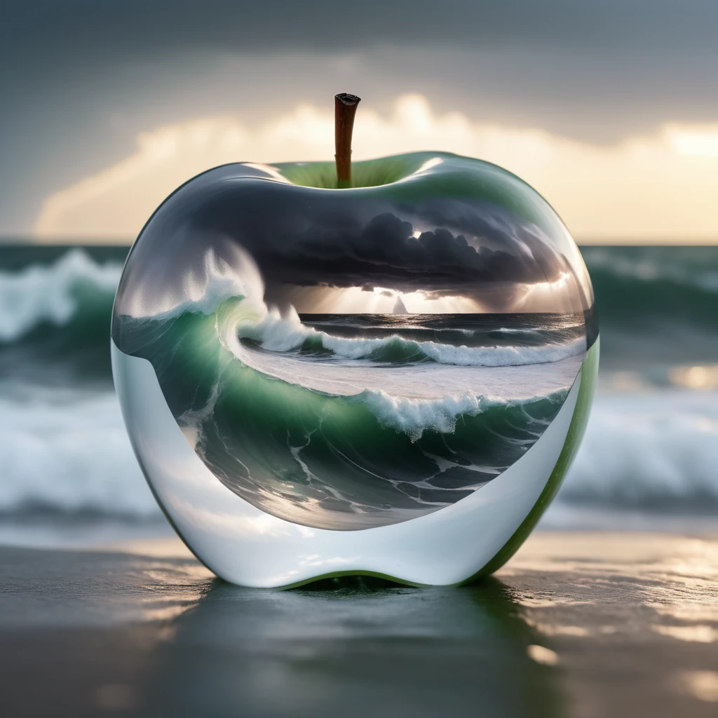 Imagine a photograph capturing an extraordinary and surreal subject: a transparent apple, crystal clear and perfectly formed, revealing a highly detailed, tumultuous miniature sea raging within. The apple sits boldly in the center of the frame, its smooth, glass-like surface reflecting light and offering a window into the dynamic scene inside. Within, the stormy sea is a marvel of miniaturization - tiny waves crest and crash with realistic ferocity, and if one looks closely, minute flashes of lightning and swirls of wind can be discerned, adding to the tempest's drama. The background of the photo is intentionally simple, perhaps a soft, neutral color or a subtle gradient, ensuring that all attention is drawn to the striking contrast between the serene exterior of the apple and the wild, chaotic seascape it contains. The lighting is key, illuminating the apple in a way that highlights the intricate details of the storm inside while maintaining the overall clarity and impact of the image.