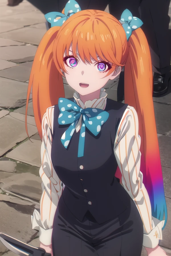 taktoptitan, <lora:taktop titan s1-lora-nochekaiser:1>,
titan, long hair, twintails, very long hair, blue hair, hair bow, multicolored hair, (pink eyes:1.3), orange hair, gradient hair, blue bow, bangs, multicolored eyes, polka dot bow, smile, open mouth,
BREAK shirt, long sleeves, dress, pantyhose, shoes, striped, bowtie, black footwear, blue bow, polka dot, knife, vertical stripes, polka dot bow, striped pantyhose,
BREAK outdoors,
BREAK looking at viewer, (cowboy shot:1.5),
BREAK <lyco:GoodHands-beta2:1>, (masterpiece:1.2), best quality, high resolution, unity 8k wallpaper, (illustration:0.8), (beautiful detailed eyes:1.6), extremely detailed face, perfect lighting, extremely detailed CG, (perfect hands, perfect anatomy),