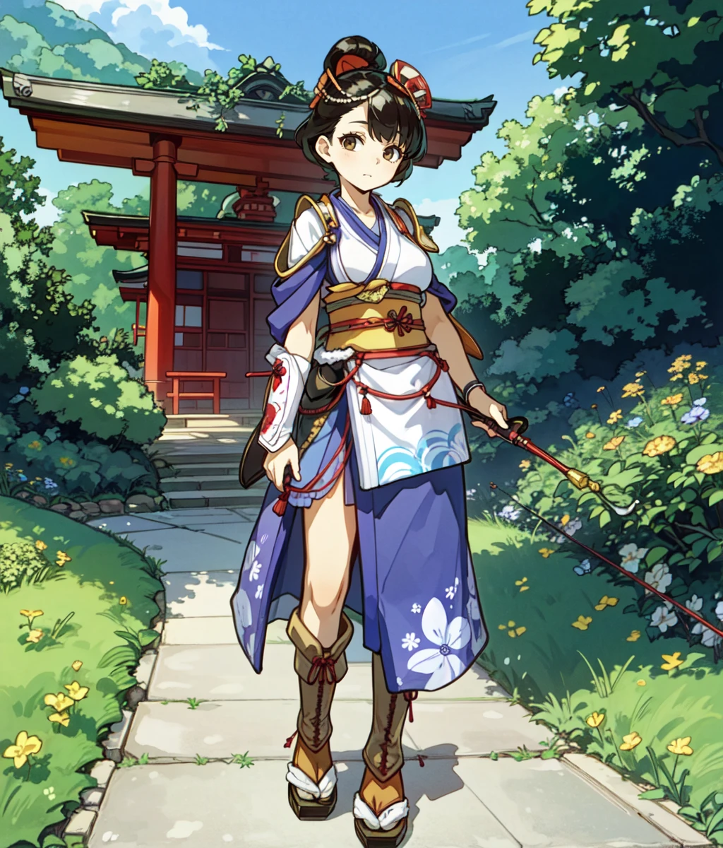 masterpiece, high res, anime screencap, 1woman, solo, mature, mature woman, short hair, black hair, top knot, brown eyes, japanese clothes, big breasts, armor, bare legs, hair ornament, japanese shrine, outdoors, full body, cowboy shot <lora:Nagi:1>