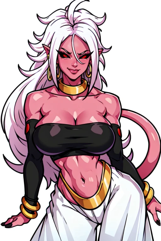 masterpiece,best quality,extreme detail,8k,<lora:21:0.8>,androide21, 1girl, solo, long hair, breasts, looking at viewer, smile, large breasts, simple background, red eyes, white background, navel, cleavage, bare shoulders, jewelry, medium breasts, tail, white hair, earrings, detached sleeves, midriff, pants, stomach, nail polish, bracelet, strapless, colored skin, black nails, colored sclera, hoop earrings, white pants, black sclera, tube top, pink skin, harem pants