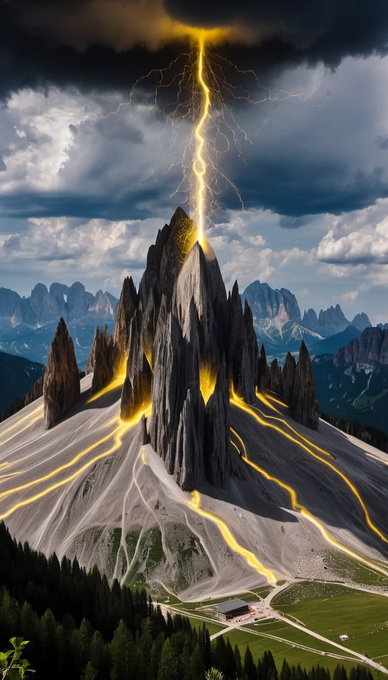 obsidianyellow, intricate details, landscape of The Dolomites and Power plant, Summer, Dark, Aestheticism