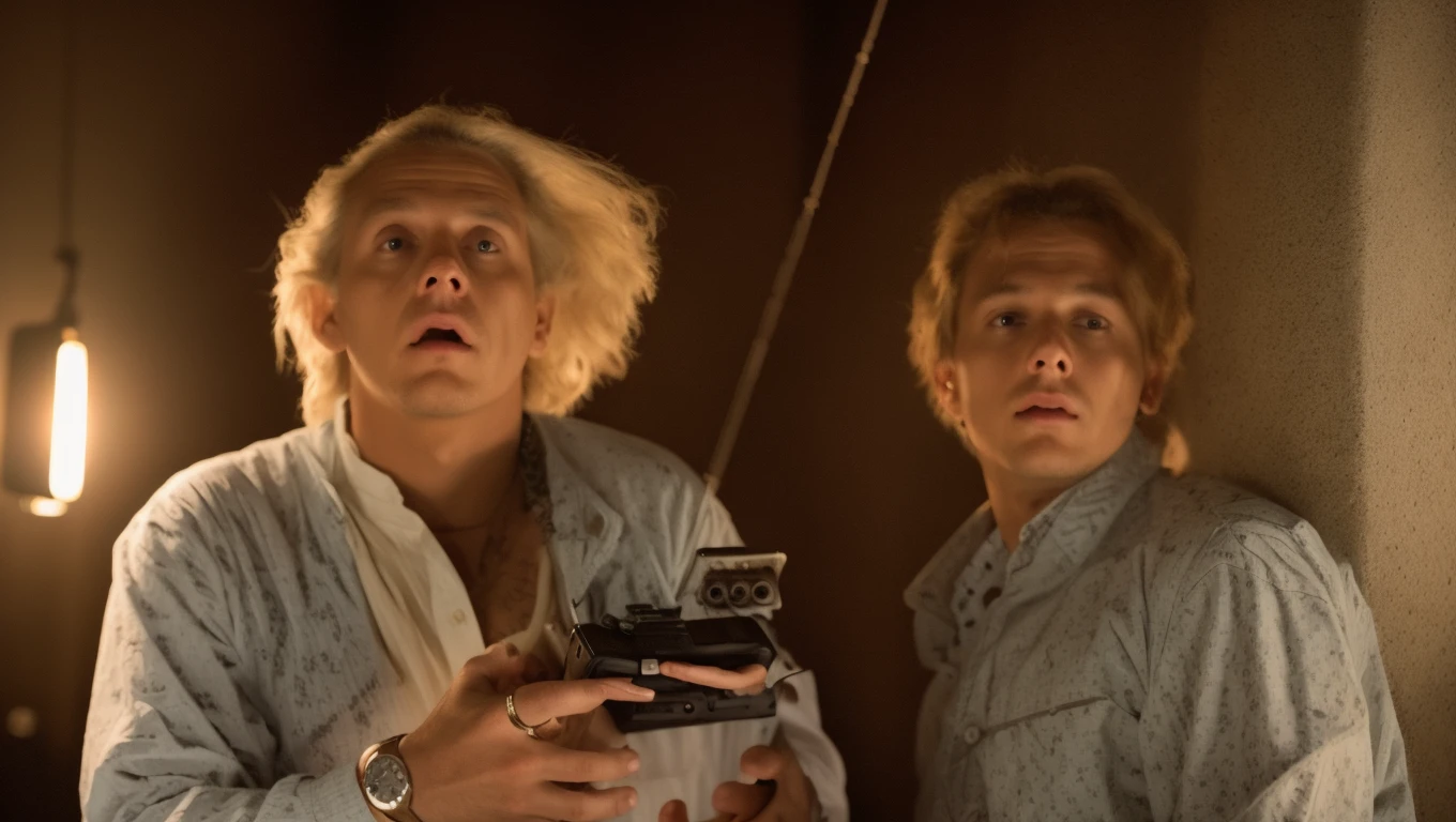 two men standing next to each other holding a radio in their hands and looking surprised at something in the distance, Drew Struzan, future, a colorized photo, retrofuturism, ,(Ultra quality), (highest quality), (sharp focus:0.5), (tack focus:0.5), (canon eos), f1.8, (crystal clear:0.4), (8K UHD), (detailed face:0.2), (ultra-detailed), (intricate detailes), (photography:1.2), (bloom:0.5), (hars lighting:0.5), (warm light:0.2), (highres:0.3), (post-processing:0.3)