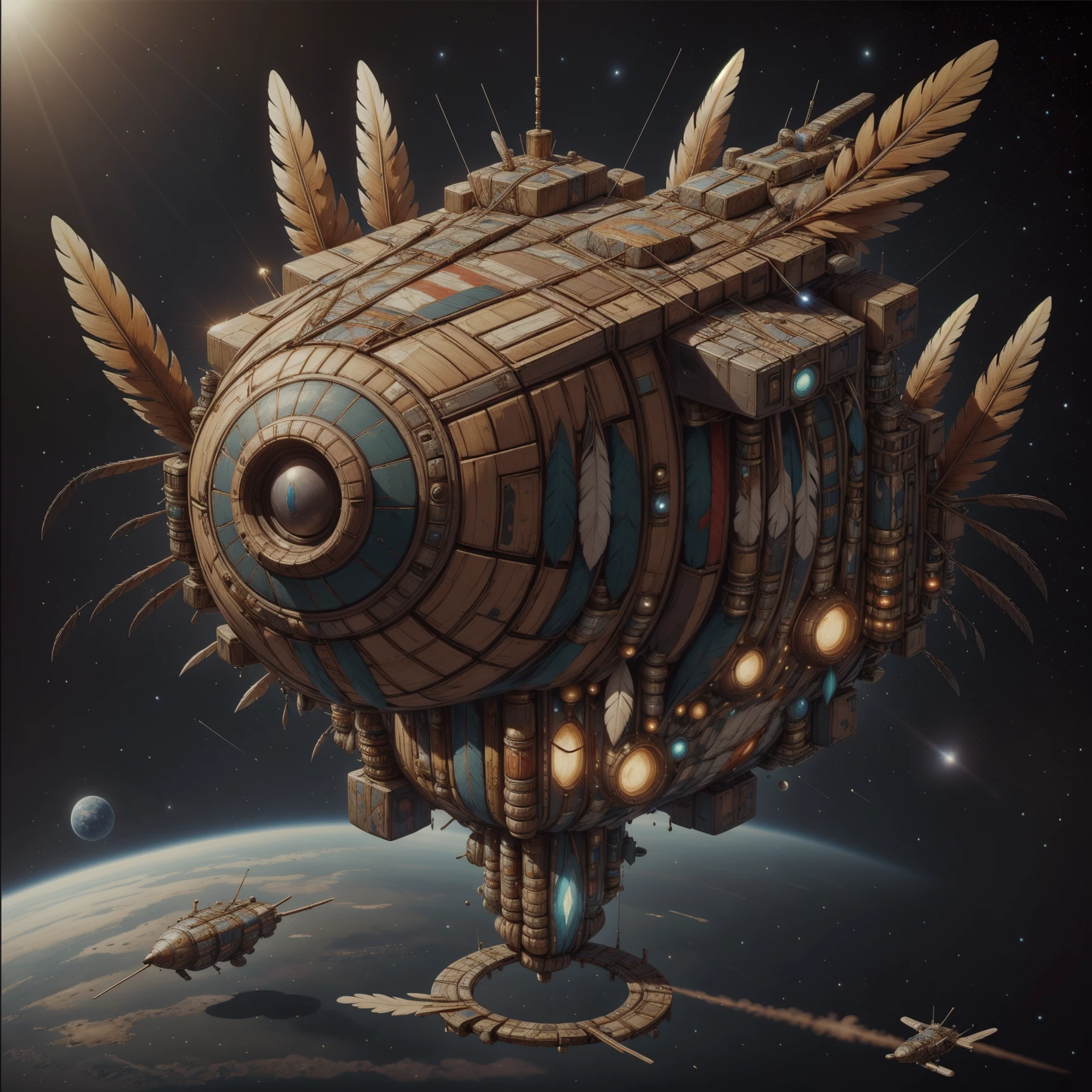 masterpiece, best quality, expressive eyes, absurdres,  <lora:NativeAmericanWorld:1> nativeamericanworld, galactic space station, in space,