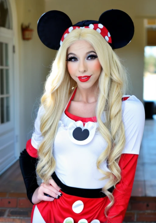 <lora:K3nz13R33v3s_v1:1>, girl, blonde hair, long hair, slim, mickey mouse costume, mascara, K3nz13R33v3s