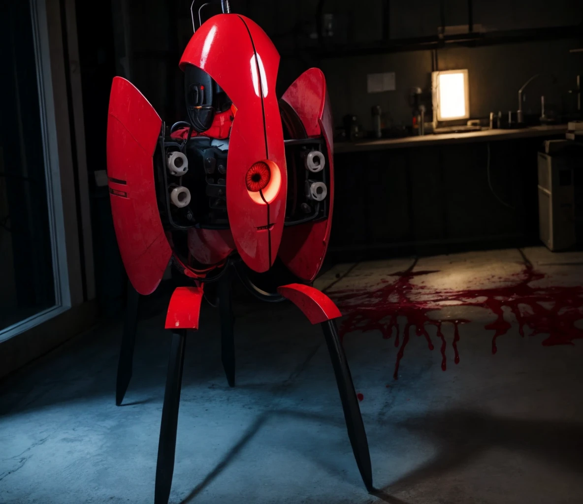 red theme, dark theme, portal_turret, red eyes, glowing, blood, cable, one-eyed, non-humanoid robot, solo, laboratory, <lora:portal_turret-09:1> <lora:LowRA:0.4> <lora:epi_noiseoffset2:0.8>