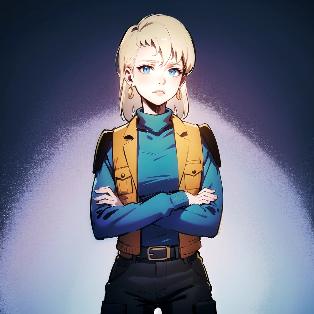 solo, 1girl, blonde hair, blue eyes, max mom, lipstick, turtleneck, vest, drop earrings, cargo pants, <lora:MaxMom_MightyMax_Leaf2:0.7>, cowboy shot, crossed arms, gradient background,
