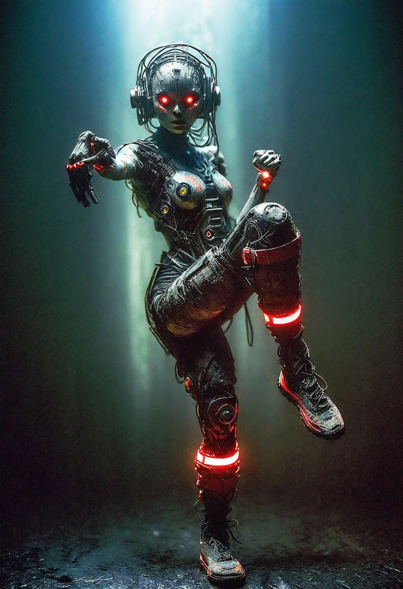 Closeup Portrait, a neon cyborg space-age fight stance Martial arts fighter, knee up , fists Up, enhancing her body with old Matte black weathered cyborg technology, Underground Lot, Dimmed light foggy
very detailed, atmospheric haze, Film grain, cinematic film still, shallow depth of field, highly detailed, high budget, cinemascope, moody, epic, OverallDetail, gorgeous, 2000s vintage RAW photo, photorealistic, candid camera, color graded cinematic, eye catchlights, atmospheric lighting, skin pores, imperfections, natural, shallow dof