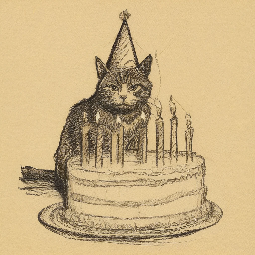 <lora:rough_sketch_xl_v2:1> rough sketch of a cat wearing a birthday hat sitting behind a birthday cake lit with candles, detailed