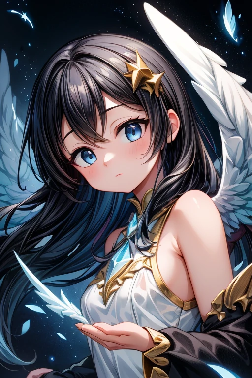 ((best quality, masterpiece, absurdres)) Heavenly Plumage, Medium Shot, Vibrant, Blue, 1 Girl, Elaborate Feathered Wings, Celestial Realm, Ethereal Lighting, Angelic Gown, Captivating Poses, see-through, fractal art, colorfield painting, (shine effects, seraph effects, lighting effects:1.1), closed mouth, (close-up:1.2), solo