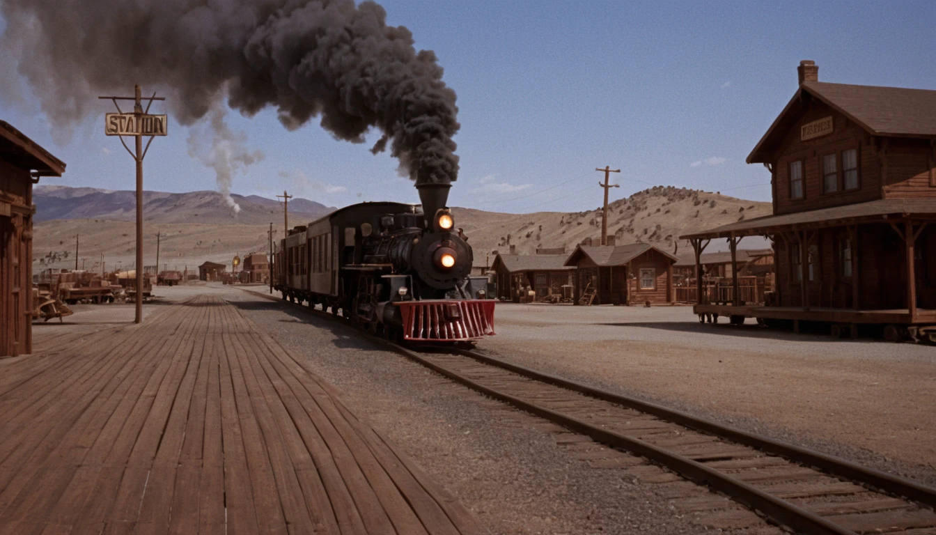 spaghetti-western movie still,

steam train arriving at station, smoke, tracks, (boardwalk:0.6), (house building:0.6), wood sign, sky, distant mountains, desolate landscape, barrel,

saturated color, color graded, high budget, shot on technicolor, 35mm photo,