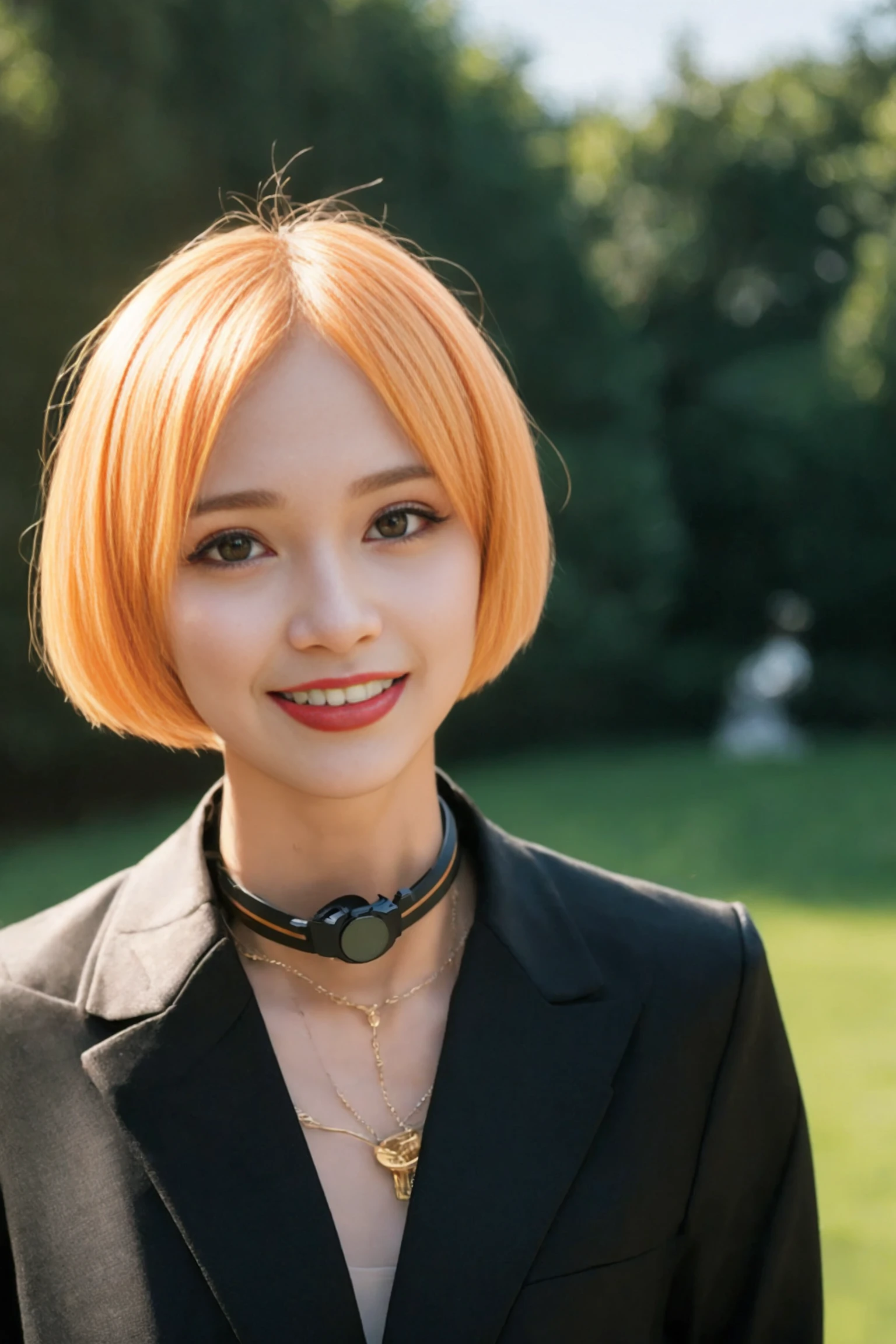 <lora:chengguo_v01:0.9>, 
 (8k, RAW photo, best quality, masterpiece:1.2), (realistic, photo-realistic:1.37), omertosa,1girl, blurry background,lake, rain,wet,professional lighting, photon mapping, radiosity, physically-based rendering, backlight bokeh, blurry background,smile, ((black choker)), red lips, office lady ,((lights shinning on the face))
head portrait
,
sunlight, ((outdoors)) ,((light shinning on the hair))
short jacket,t-shirt,
((bob haircut)), ((floating hair)), blonde,straight hair, glowing hair,
135mm lens,gold-rimmed glasses,,big breast,red lips,smile,((office suit))