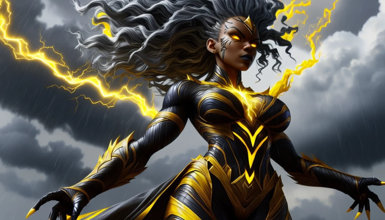 ObsidianYellow, Ororo Munroe wearing a billowing superhero suit made of Obsidian, vengeful goddess, mohawk hair, with yellow lightning, storm clouds, wind, rain