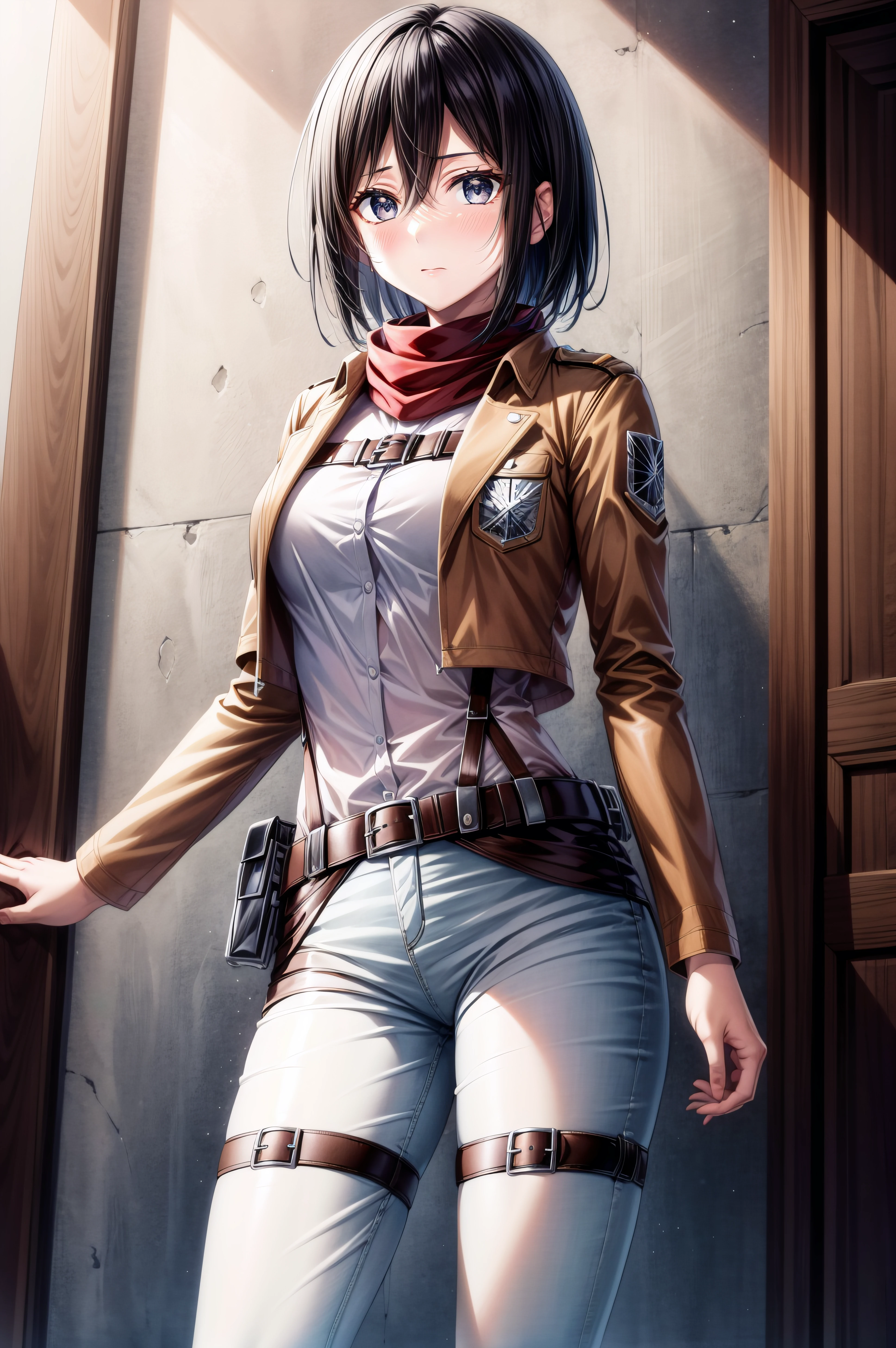 (masterpiece, best quality), <lora:mikasa ackerman-lora-Faxtron:0.8> mikasa ackerman, short hair, black hair, hair between eyes, black eyes, shirt, long sleeves, closed mouth, standing, jacket, white shirt, open clothes, collared shirt, belt, pants, open jacket, dress shirt, thigh strap, buckle, cropped jacket, black belt, red scarf, brown jacket, belt buckle, white pants, emblem, paradis military uniform, survey corps \(emblem\),
<lora:add_detail:0.8>,