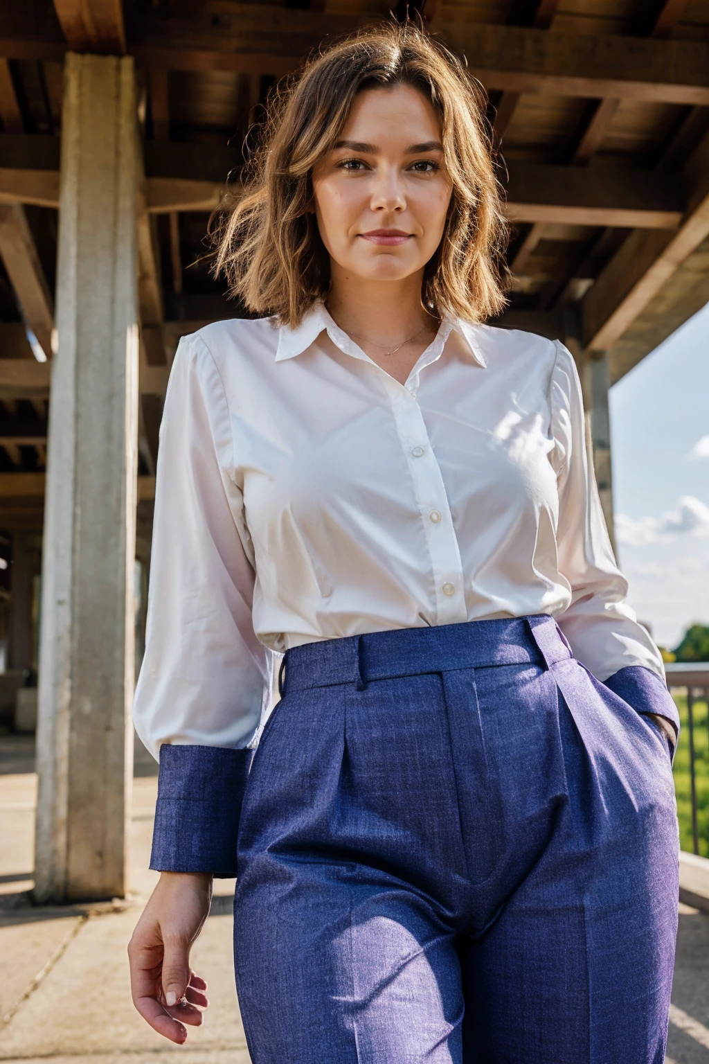 <lora:reneepaquette:0.85> reneepaquette ,a woman wearing blouse and slacks, bridge, (soft diffused lighting:0.5)