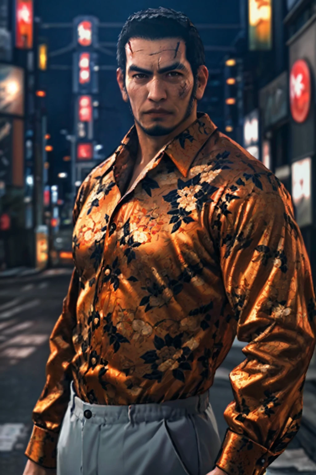 (1 image only),  solo male,  1boy,  Masaharu Kaito,  Yakuza,  38 years old,  Asian,  Japanese,  brown eyes,  black hair,  short hair,  cropped black hair,  chinstrap beard,  small scar cuts through left eyebrow,  handsome,  tall and muscular build,  orange and yellow and black floral silk button down shirt,  light grey dress pants,  black slip-on leather loafers,  fit body,  mature,  manly,  hunk,  masculine,  virile,  confidence,  charming,  alluring,  upper body in frame,  night at Kabukicho Tokyo,  perfect anatomy,  perfect proportions,  8k,  HQ,  (best quality:1.5,  hyperrealistic:1.5,  photorealistic:1.4,  madly detailed CG unity 8k wallpaper:1.5,  masterpiece:1.3,  madly detailed photo:1.2),  (hyper-realistic lifelike texture:1.4,  realistic eyes:1.2),  high_resolution,  picture-perfect face,  perfect eye pupil,  detailed eyes,  perfecteyes,  perfecteyes,  dutch angle,<lora:EMS-498-EMS:0.400000>,<lora:EMS-284837-EMS:0.700000>