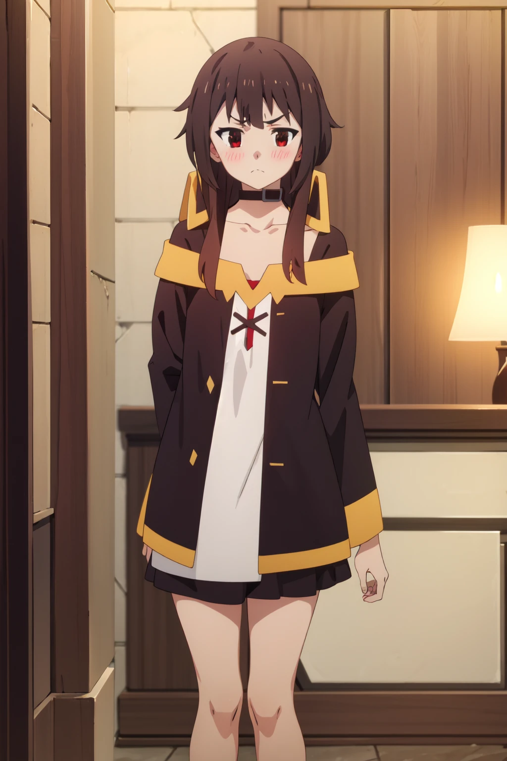 <lora:anime_screencap_v2:0.3> tall body, tall, long legs, mature female, mature, adult, <lora:GoodHands-beta2:1.4>,
<lora:eft_konosuba_megumi-02:1>, EFT_Konsuba_Megumi, megumin, 1girl, blush, red eyes, short hair with long locks, solo, looking at viewer, brown hair, blurry, short hair, collarbone, frown, closed mouth, bangs, sidelocks