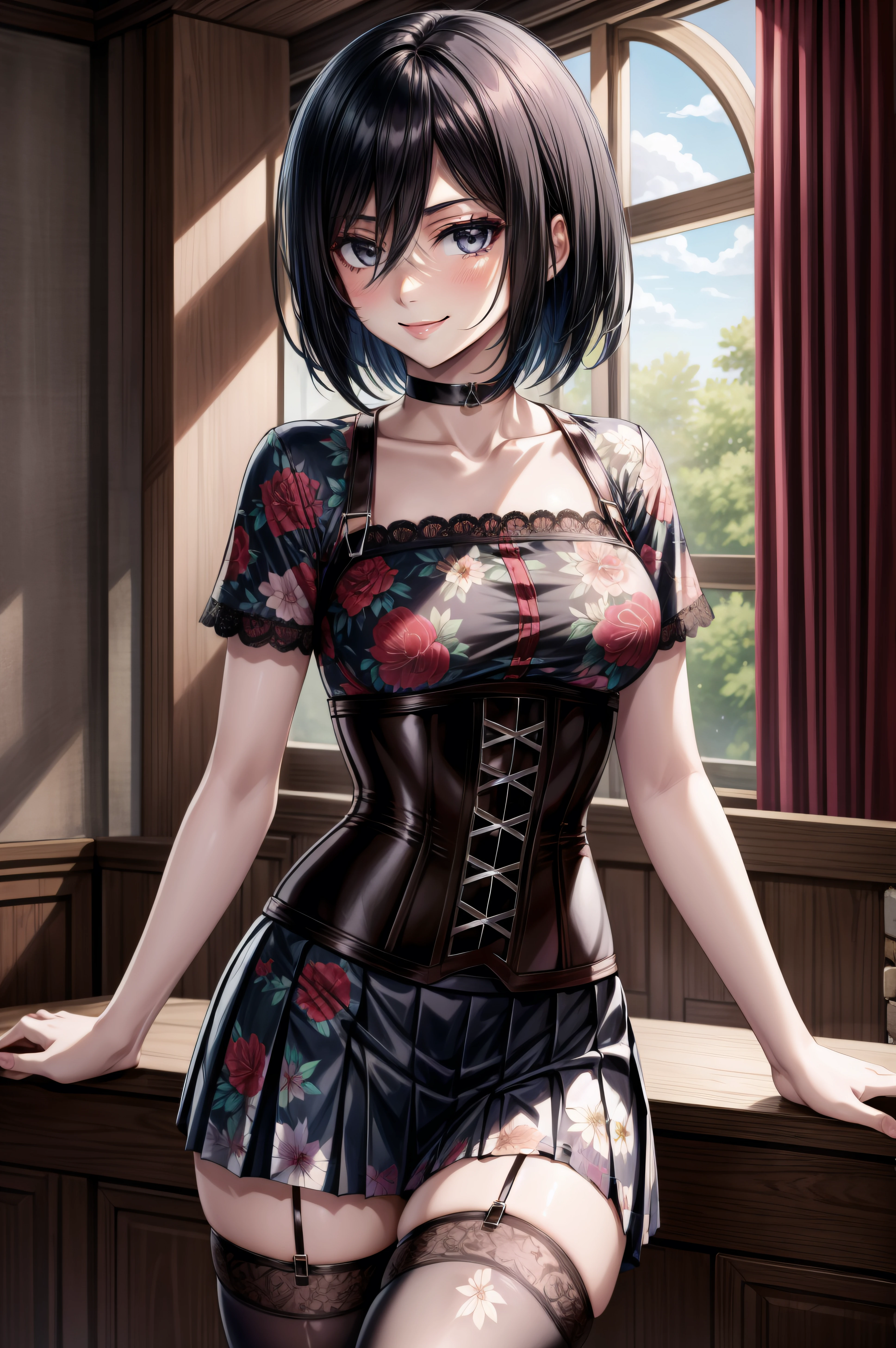 (masterpiece, best quality), <lora:mikasa ackerman-lora-Faxtron:0.8> mikasa ackerman, short hair, black hair, hair between eyes, black eyes, light smile, <lora:Floral_Corset_A1_By_Stable_Yogi:0.8>  floral print, metal corset, pleated micro skirt, lace trim, choker, thighhighs ,
<lora:add_detail:0.8>,