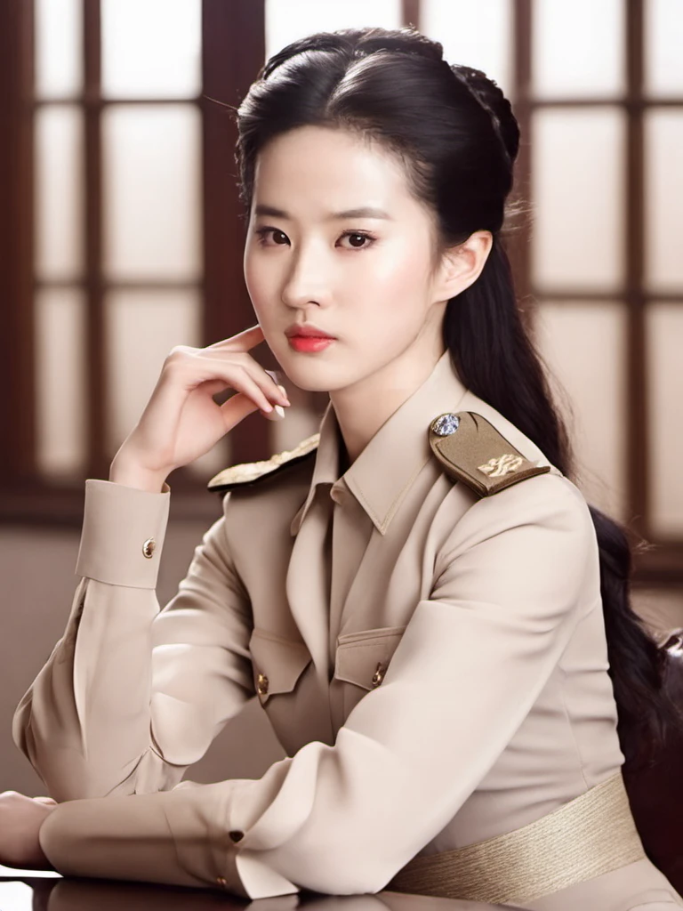 liuyifei <lora:liuyifei_dragon_XL_8-000006:0.6>, police uniform,cowboy shot, clear skin, natural makeup, subtle lipstick, serene expression, framing face with hands, delicate pose, studio lighting, high-resolution image, fashion accessories, skincare advertisement aesthetic, youthful appearance, elegance, simplicity in composition, portrait orientation.,