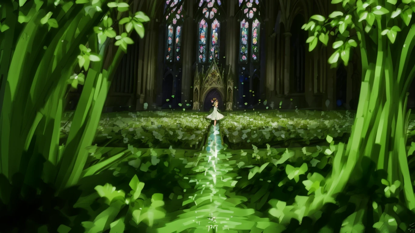 Anime, landscape of a Messy Broadleaf Forest from inside of a Cologne Cathedral, Summer, designed by Alois Arnegger, Abraham Pether, Simple and clean, High Shutter Speed, film camera, Depth of field 270mm