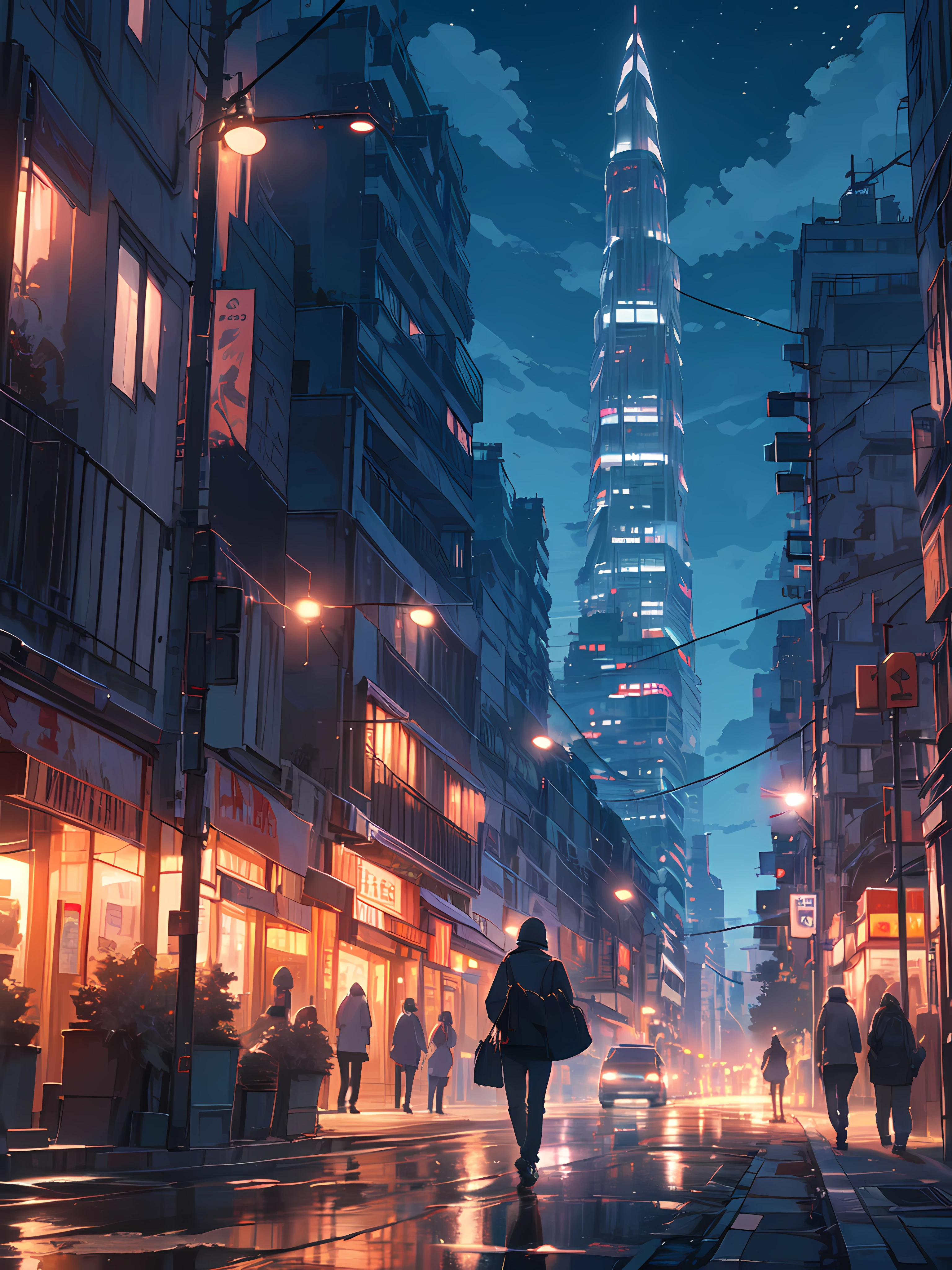 a cityscape at night with tall buildings and bright lights.
A person is walking on the sidewalk, carrying a bag, and wearing casual attire.
4k, DreamLensSTL