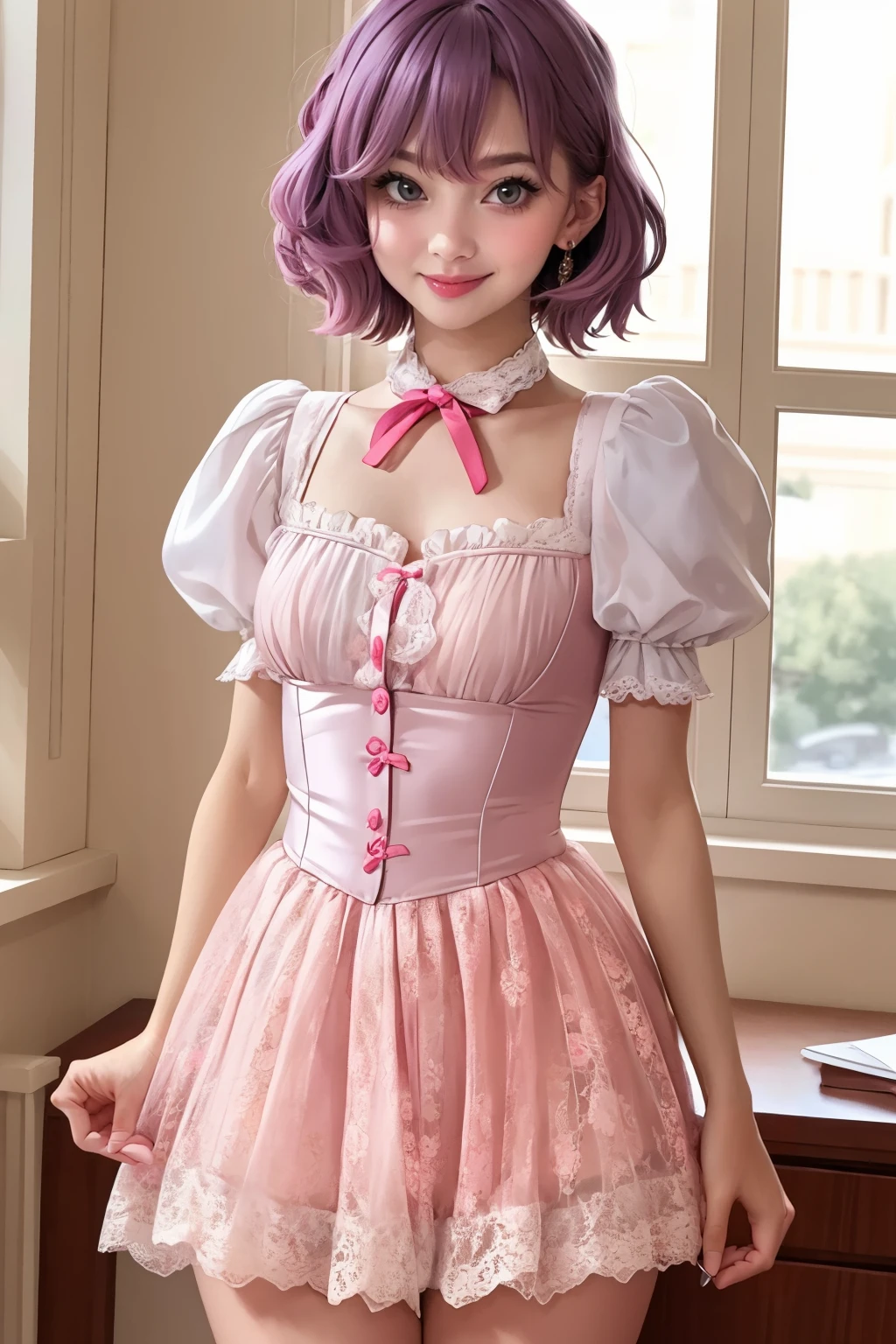 <lora:Outfit_CottageCore:0.7> 1girl, ut3na, purple hair, looking at viewer, smile, solo, with c0tt4g3, (cincher), lace, bow, short puffy sleeves, see-through