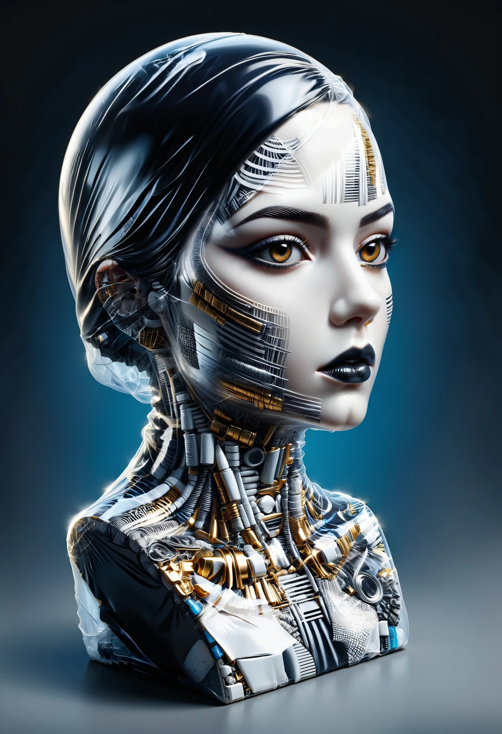 digital art of a bust patterned with black and white stripes with chrome reflections, gold eyes and lips accents, quantum wavetracing and voxel geometry influences, strong industrial urban influences BREAK light silver and dark blue background, selective focus <lora:dvr-trsh:0.8> dvr-trsh <lora:ral-shrnkwrp-sdxl:1> ral-shrnkwrp