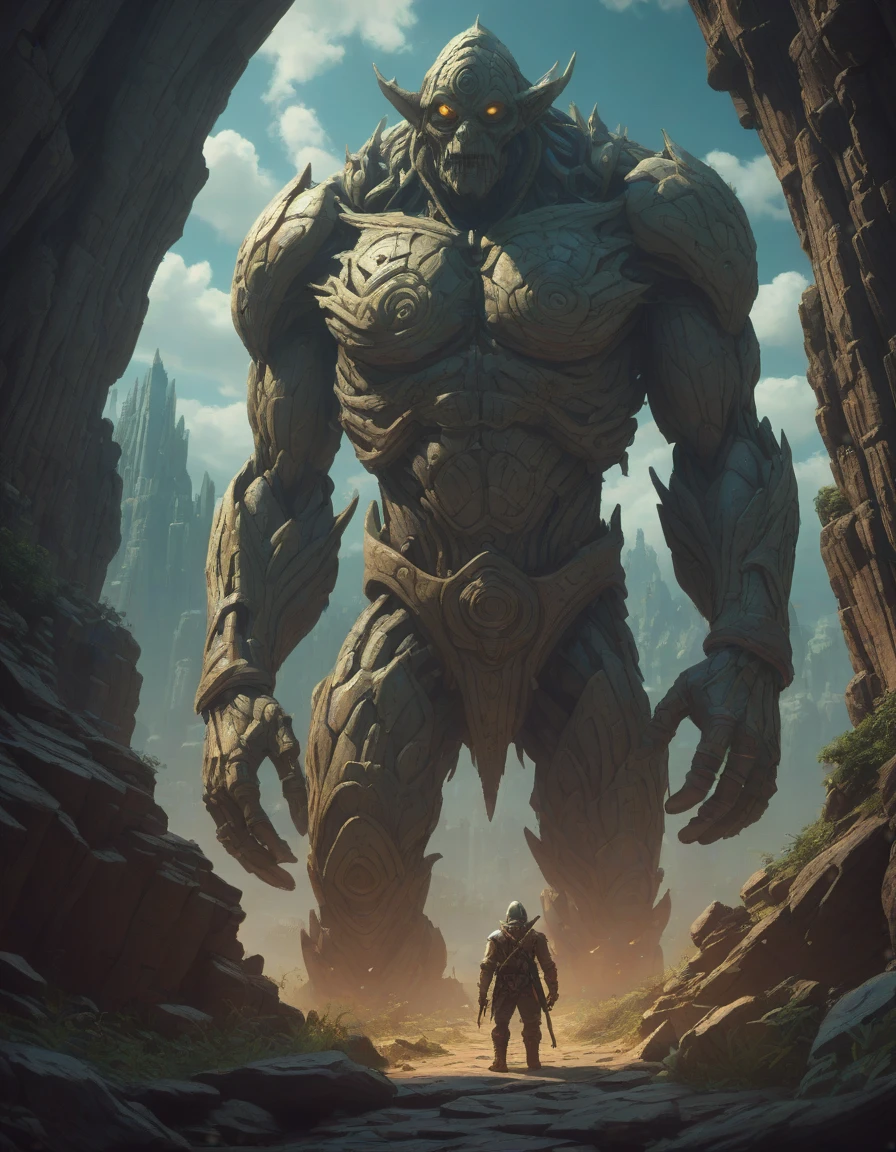 great lighting, the legend of Zelda, Focused lights, whimsical fairytale, psychedelic trip <lora:dare_fairytale_trip:1> BREAK concept art of a giant bulky stone titan, day time, foreboding, fantasy, field, trending on artstation, wayne barlowe, eroded canyon, steep cliffs, winding river, ancient rock formationsfuturistic cityscape, towering skyscrapers, neon-lit streets, bustling hovercars