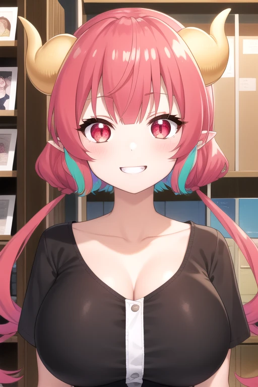 ((masterpiece)),(best quality),official art,extremely detailed CG,unity 8k wallpaper,ultra detailed,beautiful detailed eyes,extremely detailed face,shop,1girl,solo,upper body,(portrait:1.5),looking at viewer,facing viewer,smile,dragon girl,dragon horns,shortstack,very long hair,multicolored hair,red hair,pink hair,twintails,sidelocks,bangs,pointy ears,slit pupils,red eyes,collarbone,black dress,short sleeves,huge breasts,v,zettai ryouiki,black thighhighs,red footwear,<lora:Iruru(kscnm)>,