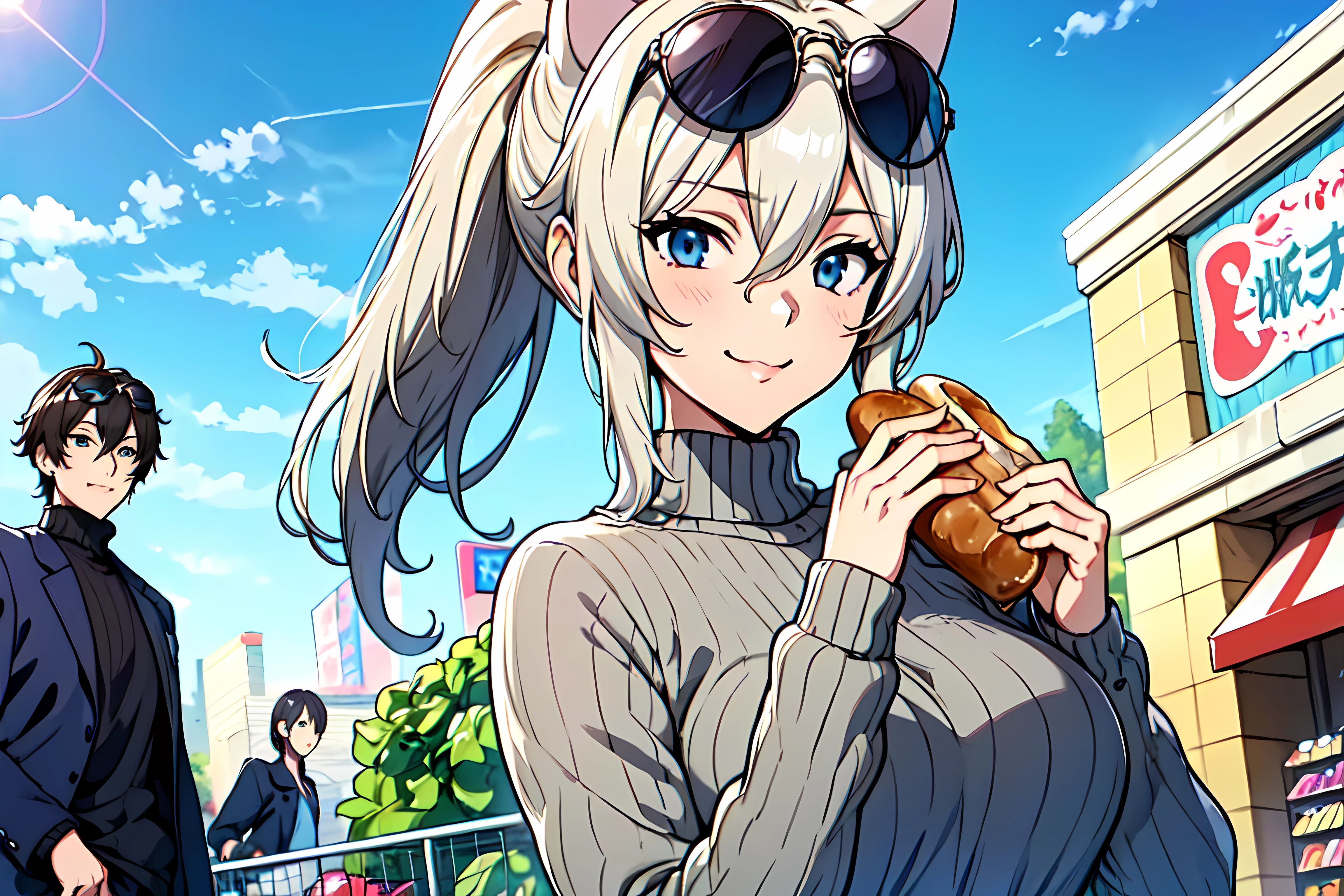 anime artwork anime artwork masterpiece,best quality, unreal engine, ultra res, extremely detailed
<lora:Style_hews_style:0.5> <lora:Style_cutesexyrobutts_v2:0.1> <lora:Style_puuzaki-puuna-lora-v1:0.1>
<lora:Round_Breasts_V7:0.4>ROUND BREASTS, medium BREASTS
1girl, waist, slender
<lora:Character_ort_zeta_eminence_v1.1:0.7>
zeta_eminence
cat ear, cat tail
breasts, looking at viewer, smile, blue eyes, multiple girls, brown hair, long sleeves, holding, upper body, ponytail, grey hair, outdoors, food, sky, solo focus, alternate costume, day, 3girls, bag, rabbit ears, sweater, blue sky, sunglasses, knife, eyewear on head, ribbed sweater, turtleneck sweater, holding knife, holding bag, bread, grey sweater, shopping bag, paper bag, baguette, grocery bag
anime style, key visual, vibrant, studio anime, highly detailed . anime style, key visual, vibrant, studio anime, highly detailed