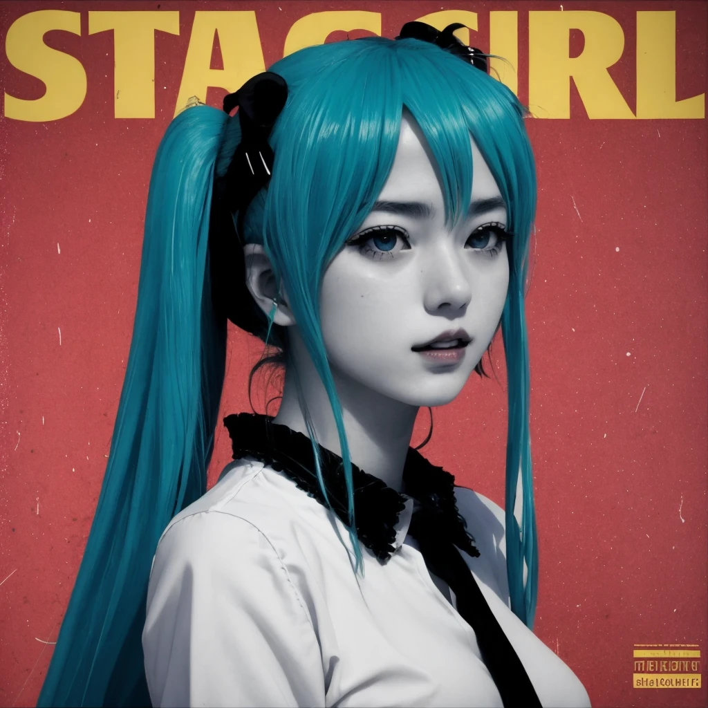 red background, monochrome, 1girl, hatsune miku, parody, solo, looking at viewer, <lora:star_boy-10:1>