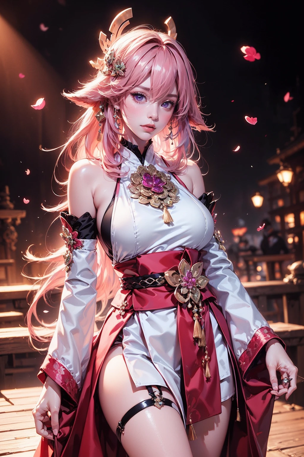 Masterpiece, Excellent, 1girl, solo, complex details, color difference), realism, ((medium breath)), off-the-shoulders, big breasts, sexy, Yae Miko, long pink hair, red headdress, red highlight, hair above one eye, purple eyes, earrings, sharp eyes, perfectly symmetrical figure, choker, neon shirt, open jacket, turtleneck sweater, against the wall, brick wall, graffiti, dim lighting, alley, looking at the audience, ((mean, seductive, charming)), ((cherry blossom background))),((Japanese temple background)))), (((luminous background))), (dynamic pose), tulle, bare shoulders, blooming flower fields, radiant skin, faint smile, sexy, bust, no breast cover, naked, cocked ass, tummy look, ((nsfw))